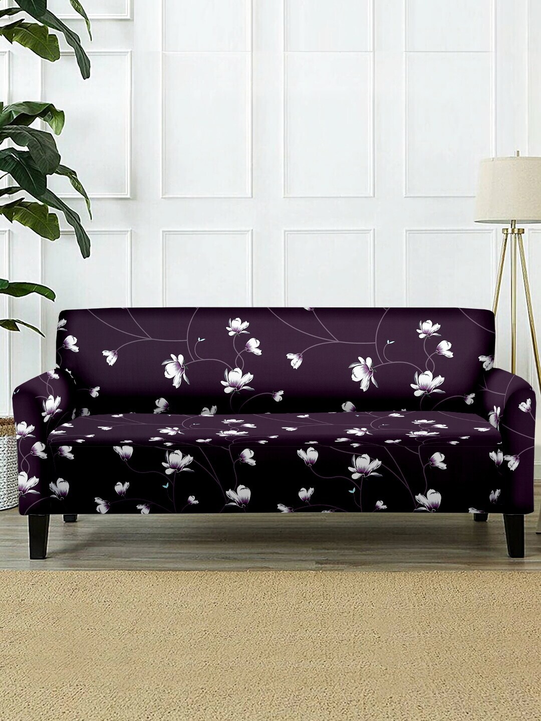 Cortina Purple & White Floral Printed Double-Seater Sofa Cover Price in India