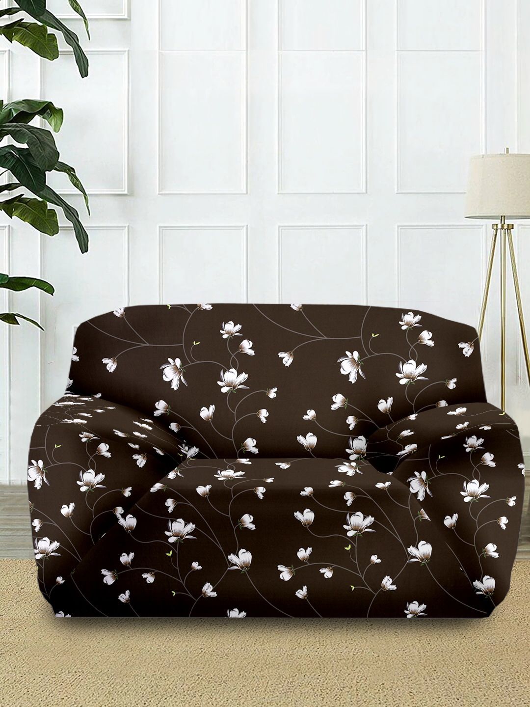 Cortina Brown & White Floral Printed 1-Seater Sofa Cover Price in India