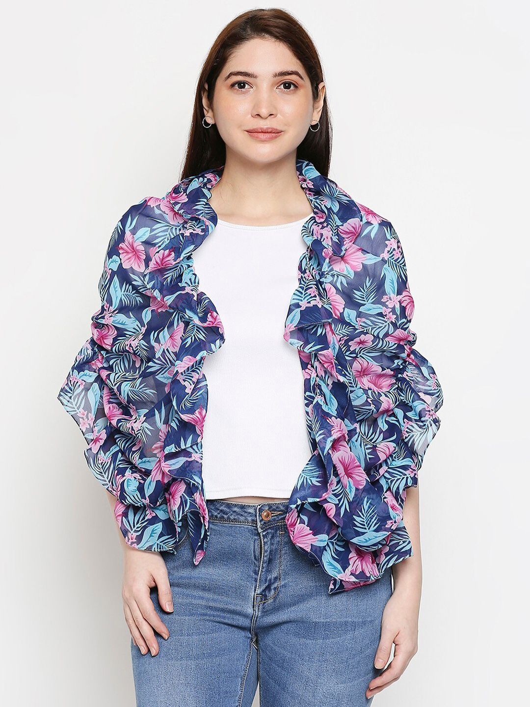 Get Wrapped Women Blue Printed  Ruffled Scarf Price in India
