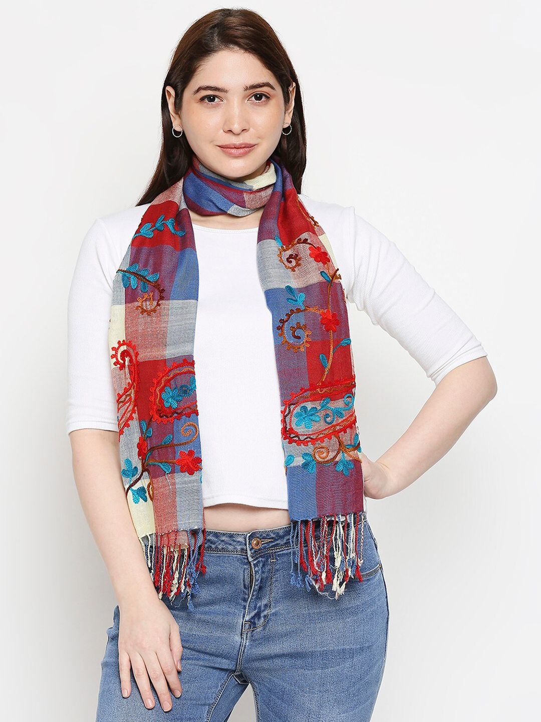 Get Wrapped Women Blue & Red Embroidered Scarf Price in India