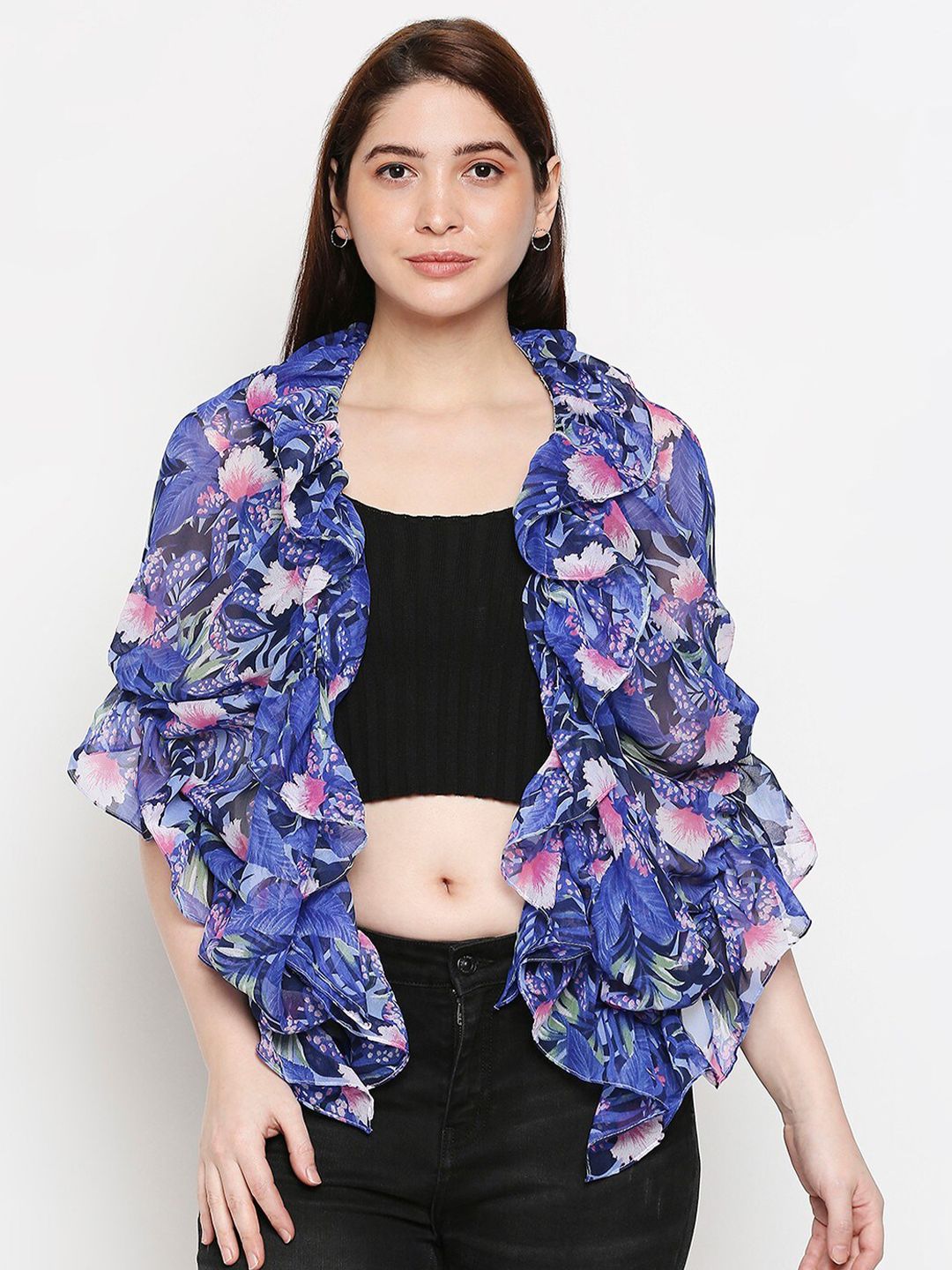 Get Wrapped Women Blue Printed Scarf Price in India