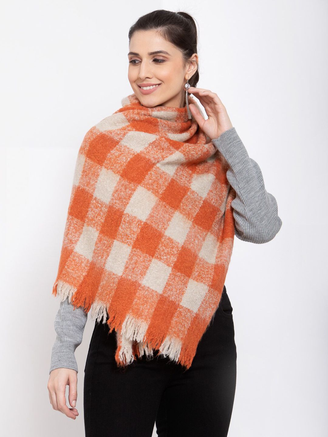 513 Women Orange & White Checked Stole Price in India