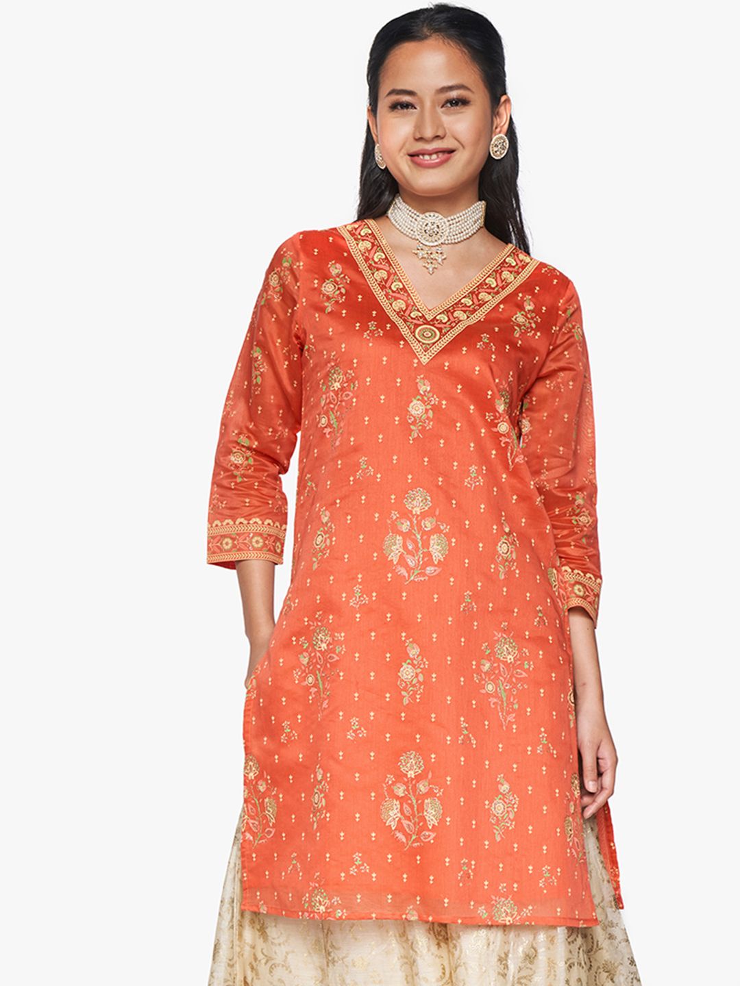 Global Desi Women Orange & Cream-Coloured V- Neck Ethnic Motifs Printed Kurta Price in India