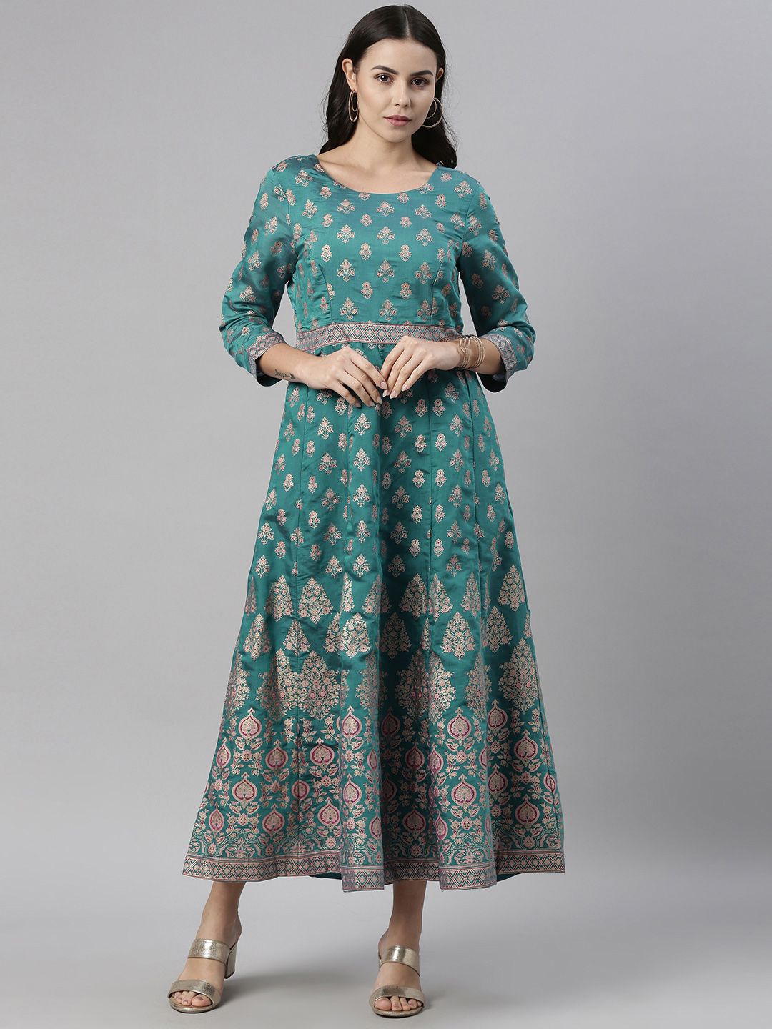 Global Desi Women Teal Blue Ethnic Motifs Printed Fit And Flare Midi Dress Price in India