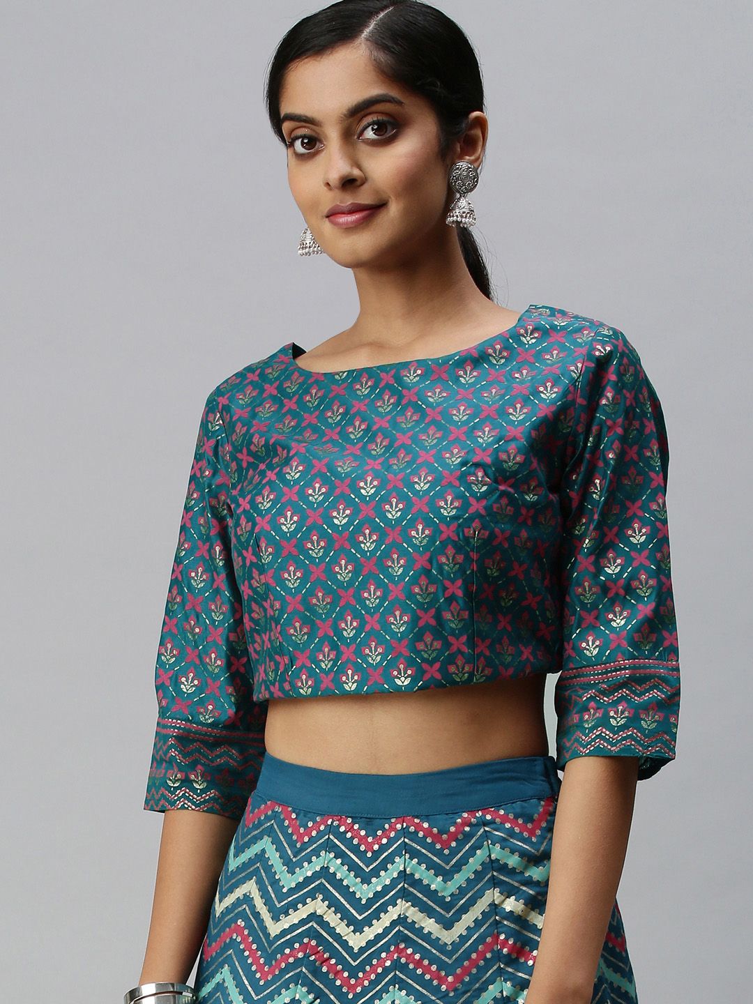 Global Desi Blue Floral Regular Crop Top