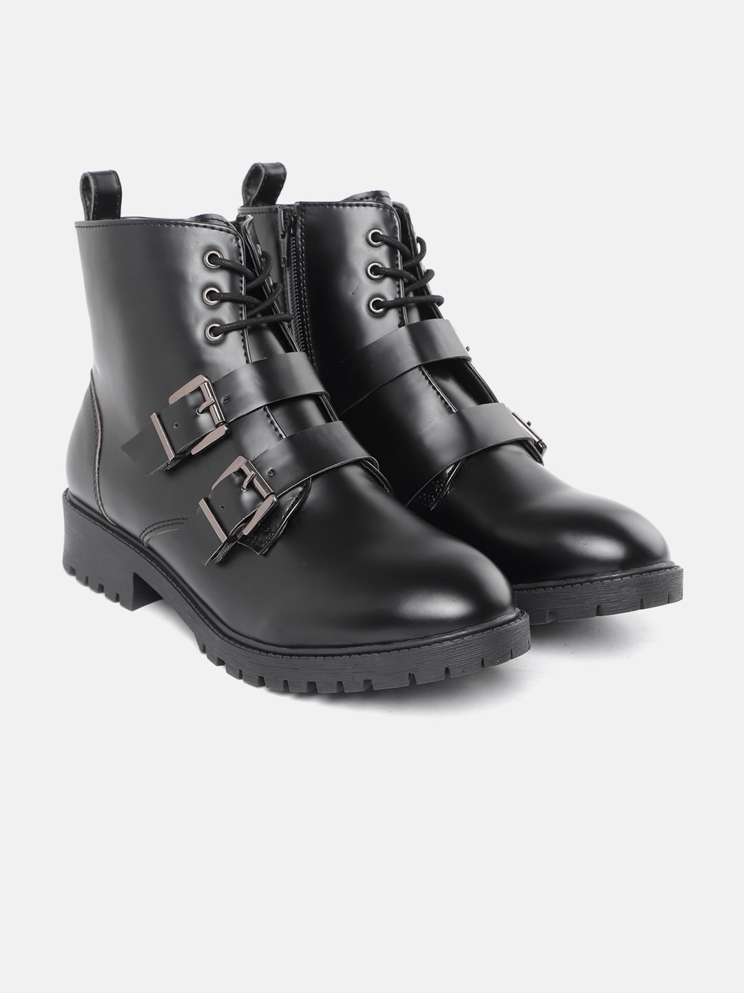 Roadster Women Black Solid Mid-Top Flat Boots with Buckle Detail Price in India