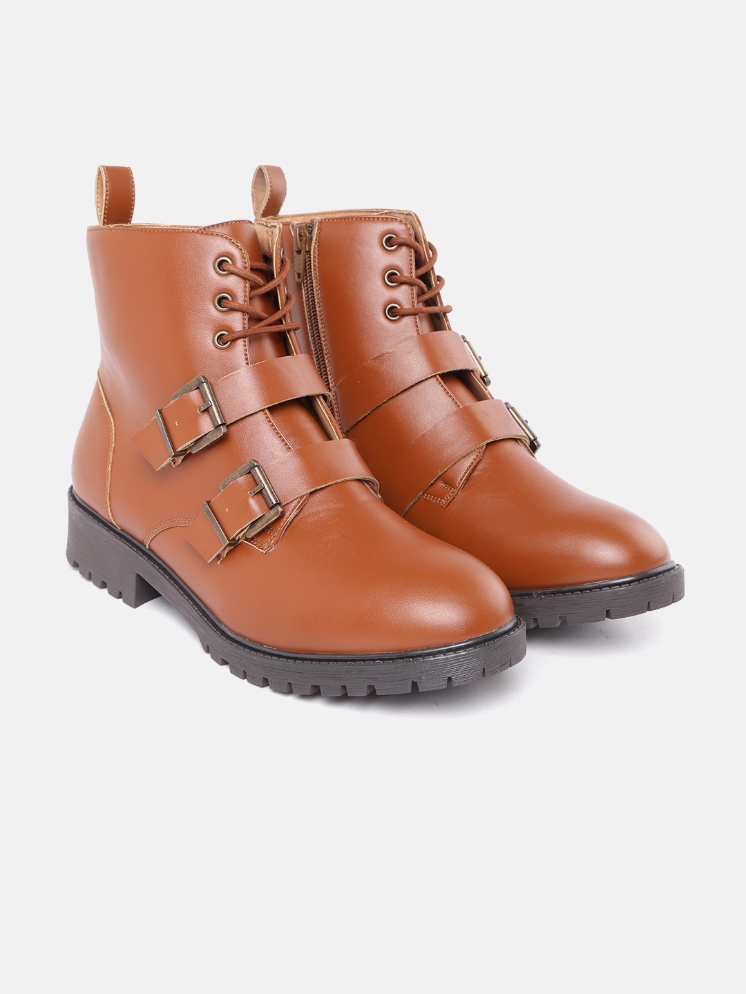 Roadster Women Tan Brown Solid Mid-Top Flat Boots with Buckle Detail Price in India
