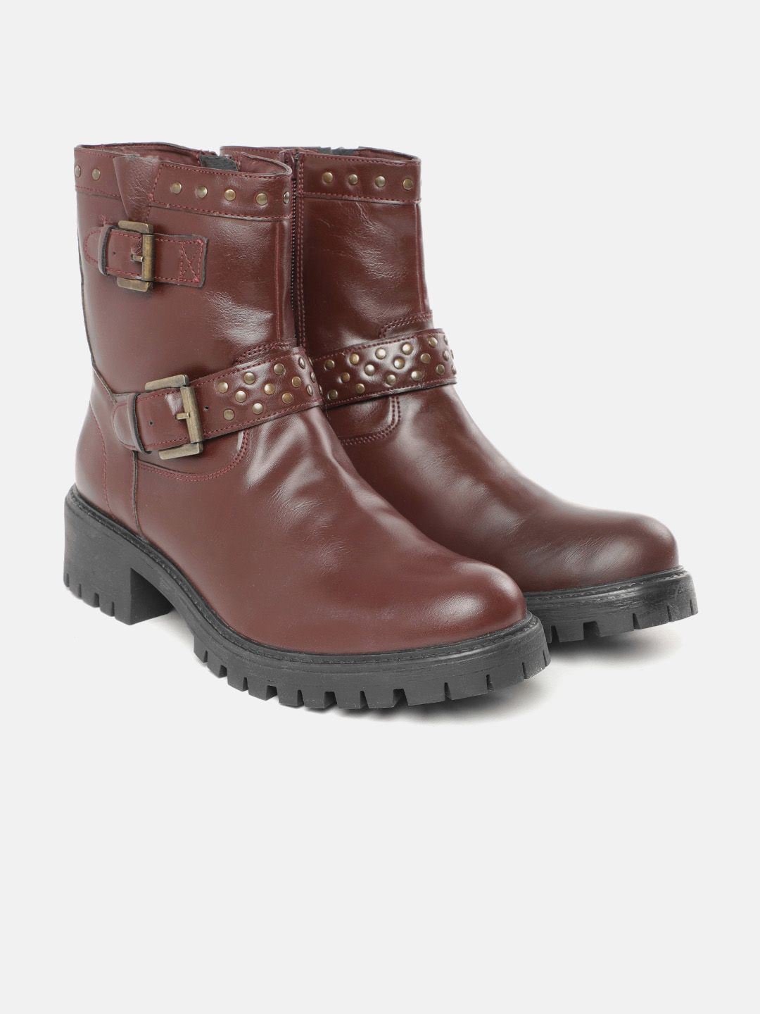 Roadster Burgundy Block Heeled Boots with Buckles Price in India