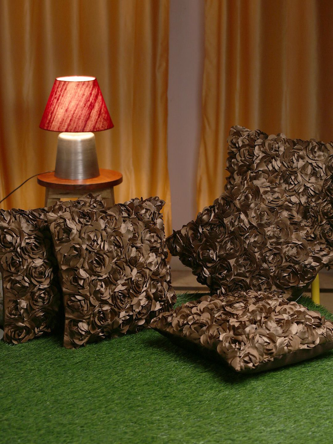 HOSTA HOMES Coffee Brown Set of 5 Embellished Square Cushion Covers Price in India