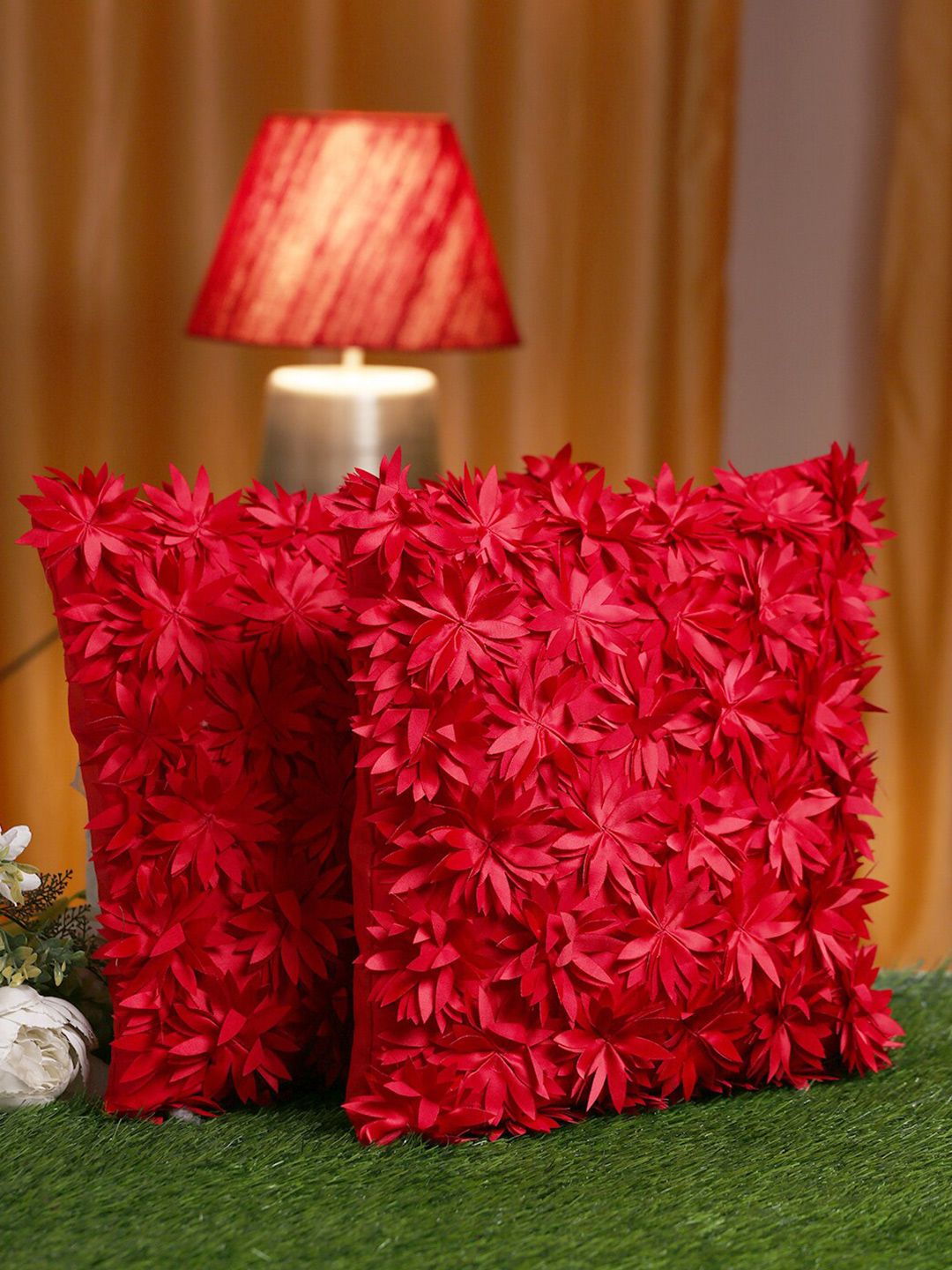 HOSTA HOMES Red Set of 2 Floral Embellished Square Cushion Covers Price in India