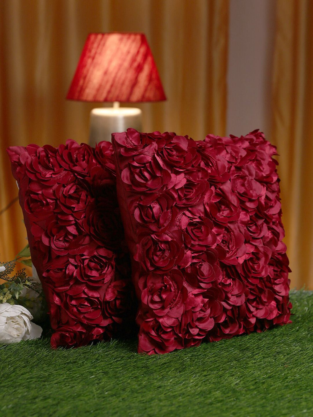 HOSTA HOMES Maroon Set of 2 Embellished Square Cushion Covers Price in India