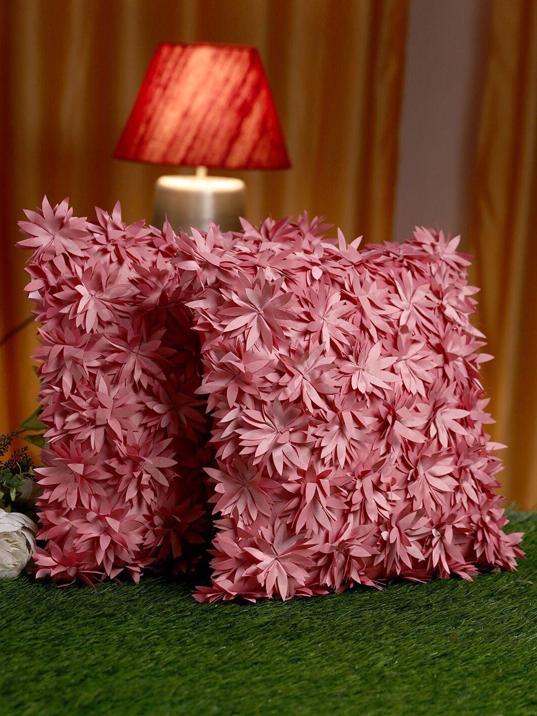 HOSTA HOMES Pink Set of 2 Embellished Square Cushion Covers Price in India