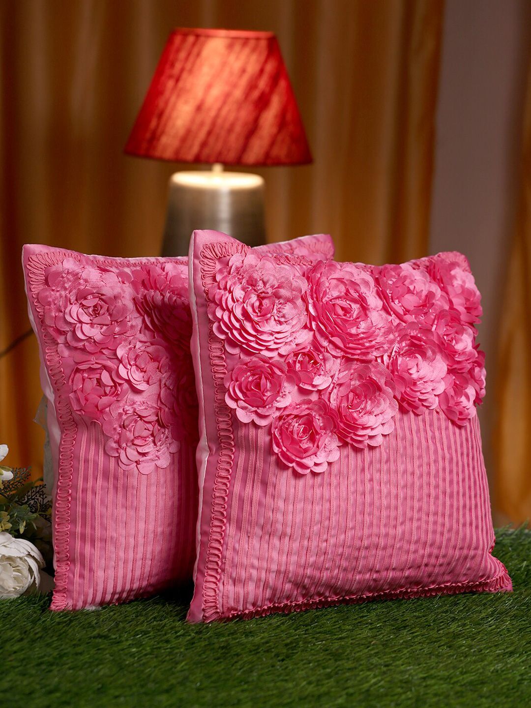 HOSTA HOMES Pink Set of 2 Embellished Square Cushion Covers Price in India