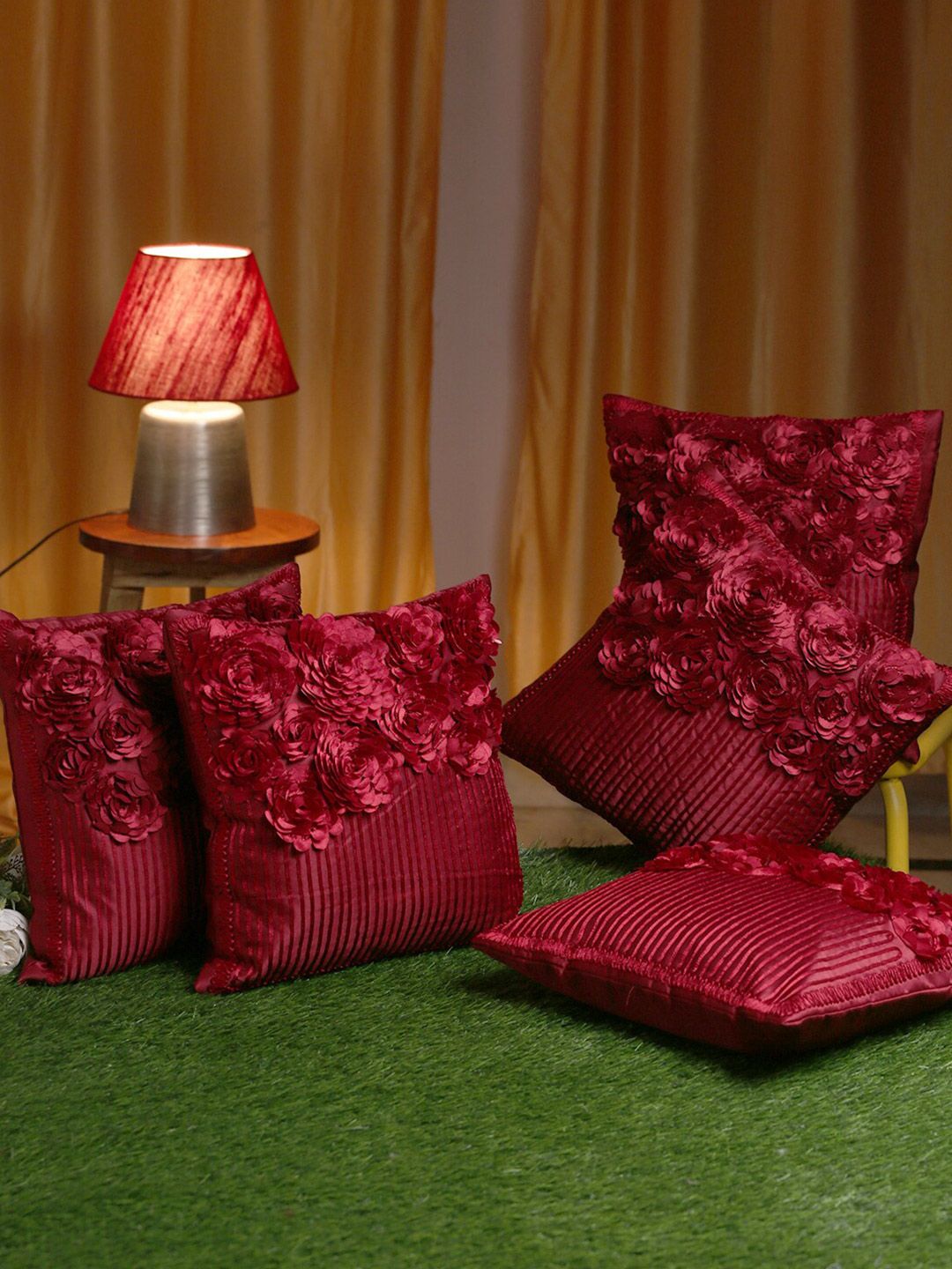 HOSTA HOMES Maroon Set of 5 Embellished Square Cushion Covers Price in India