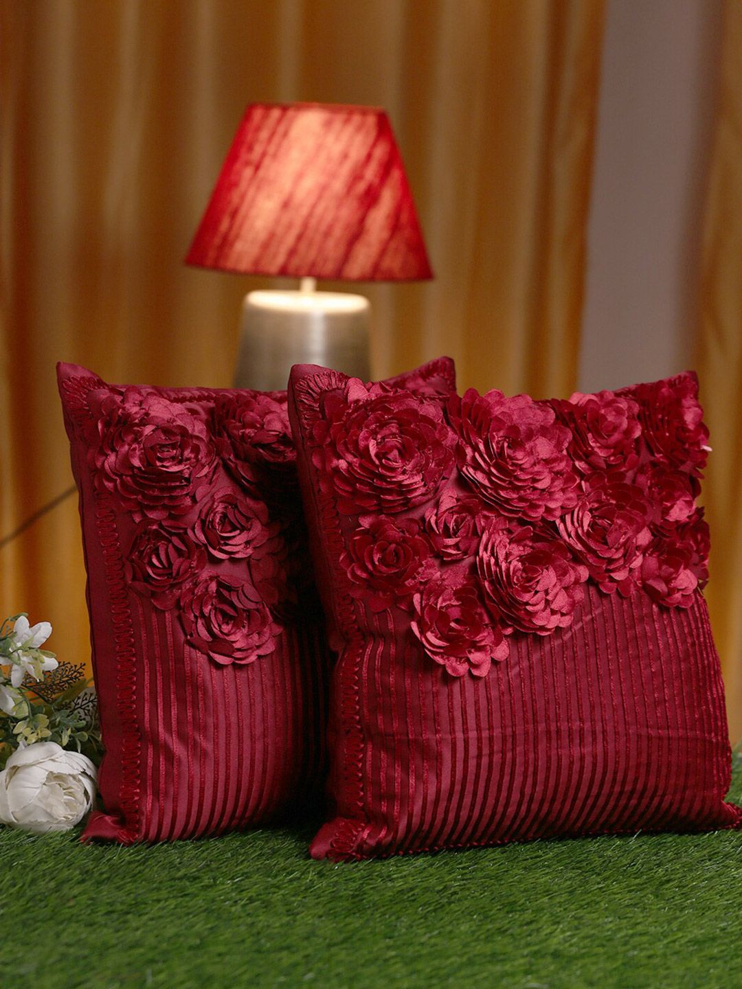 HOSTA HOMES Maroon Set of 2 Embellished Square Cushion Covers Price in India