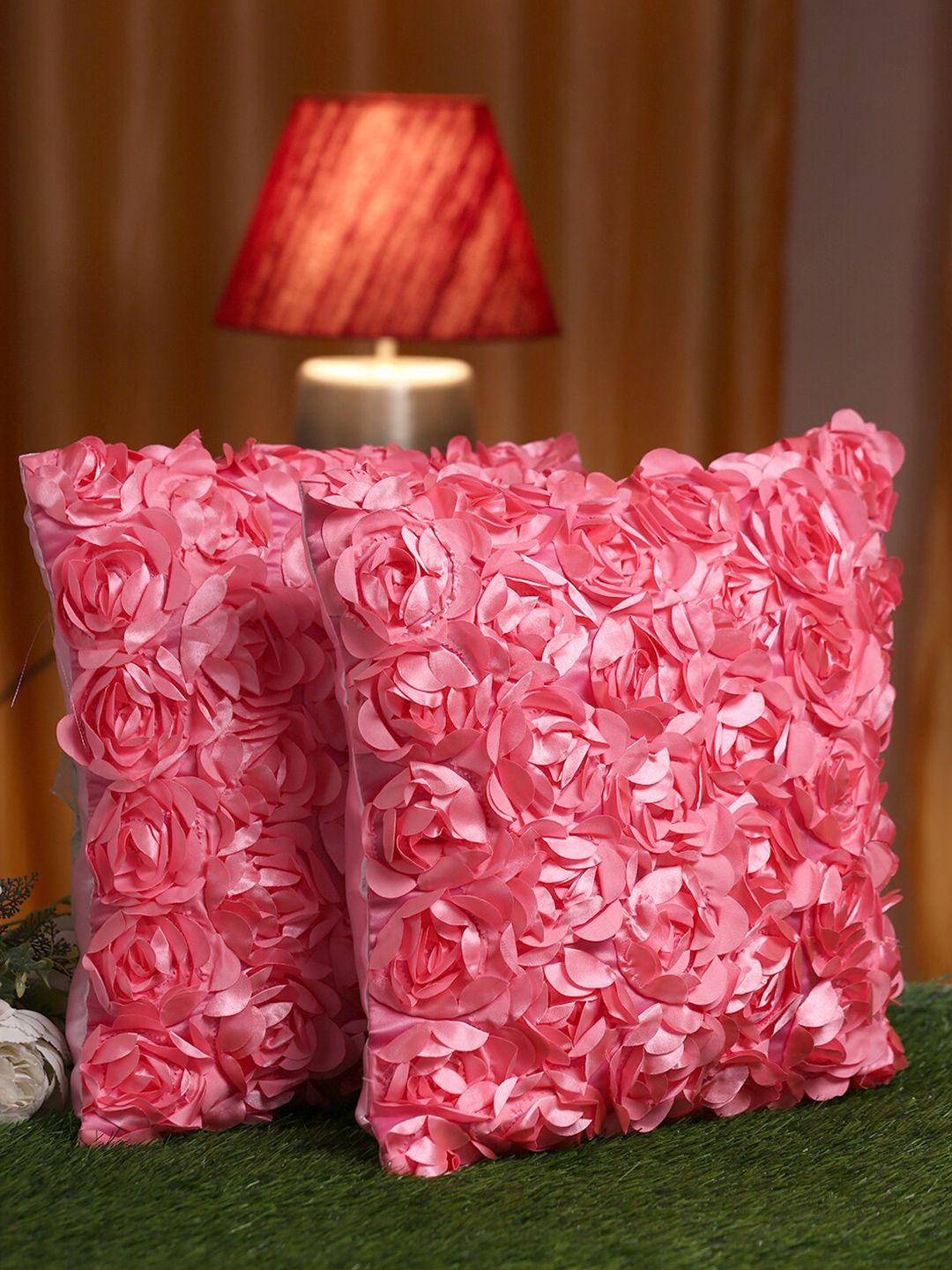HOSTA HOMES Pink Set of 2 Embellished Square Cushion Covers Price in India