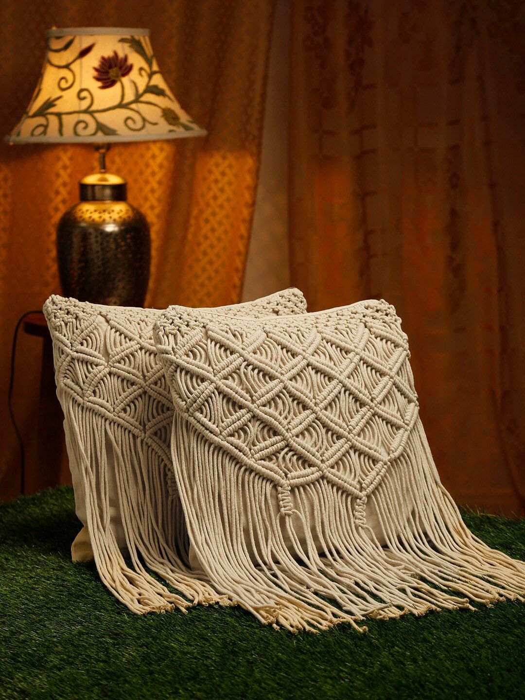 HOSTA HOMES Cream-Coloured Set of 2 Square Cushion Covers Price in India