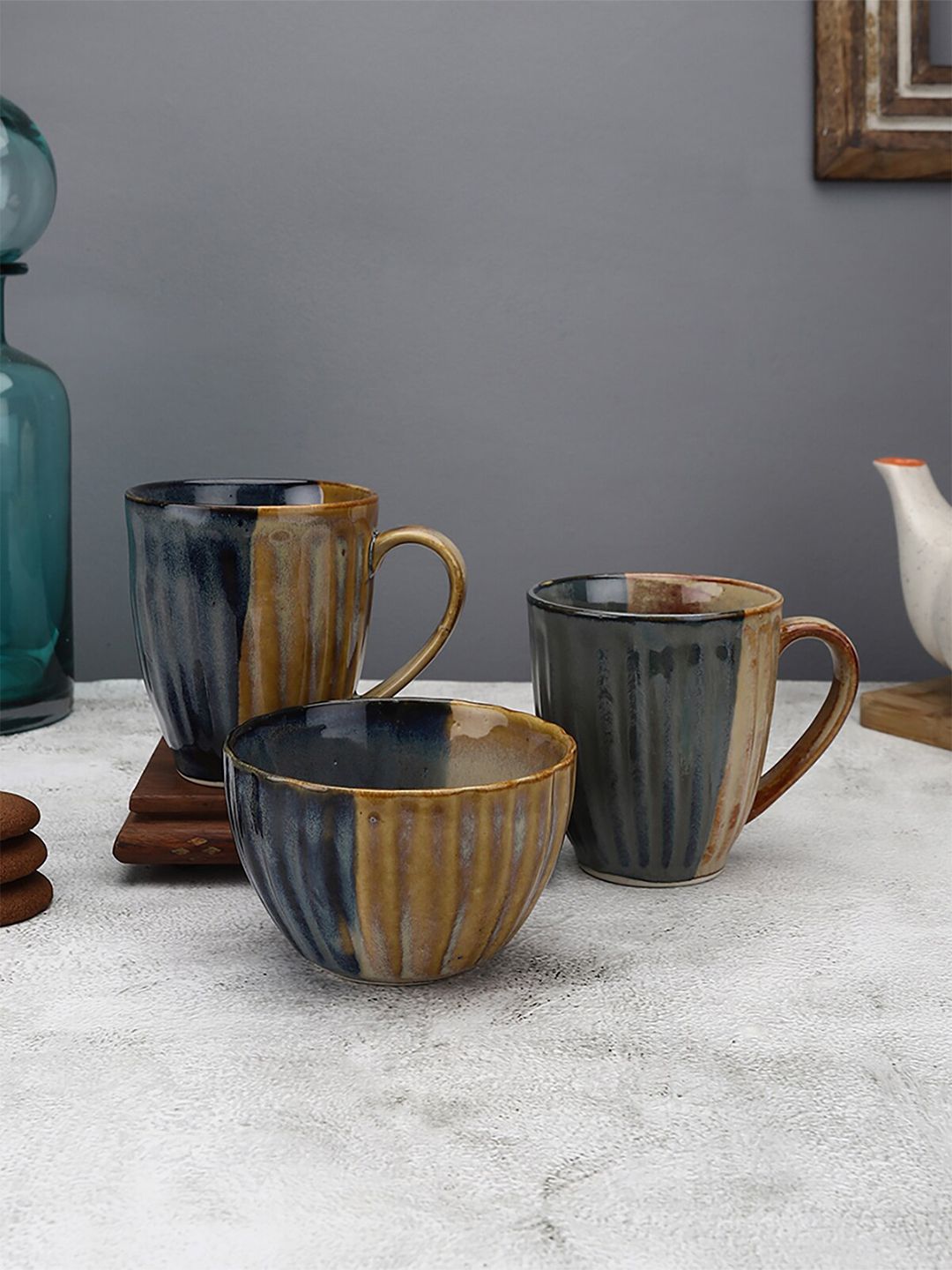 MIAH Decor Set Of 3 Brown & Black Handcrafted Textured Ceramic Glossy Mugs and Bowl Price in India