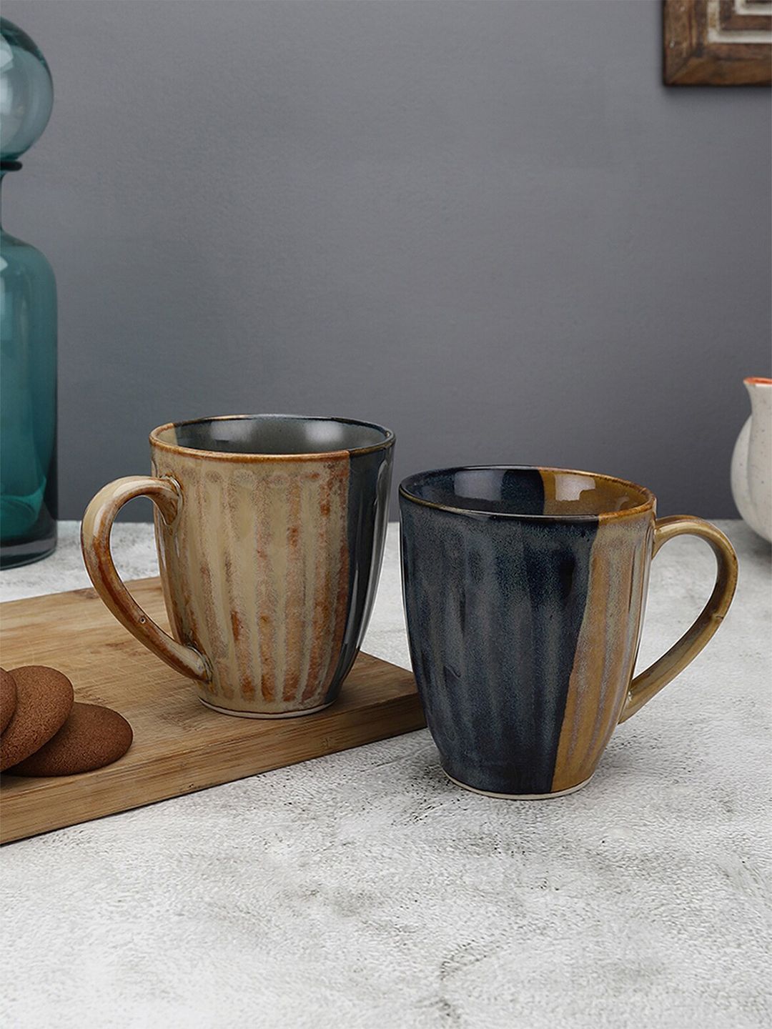 MIAH Decor Set Of 2 Grey & Brown Handcrafted Textured Ceramic Glossy Mugs Price in India