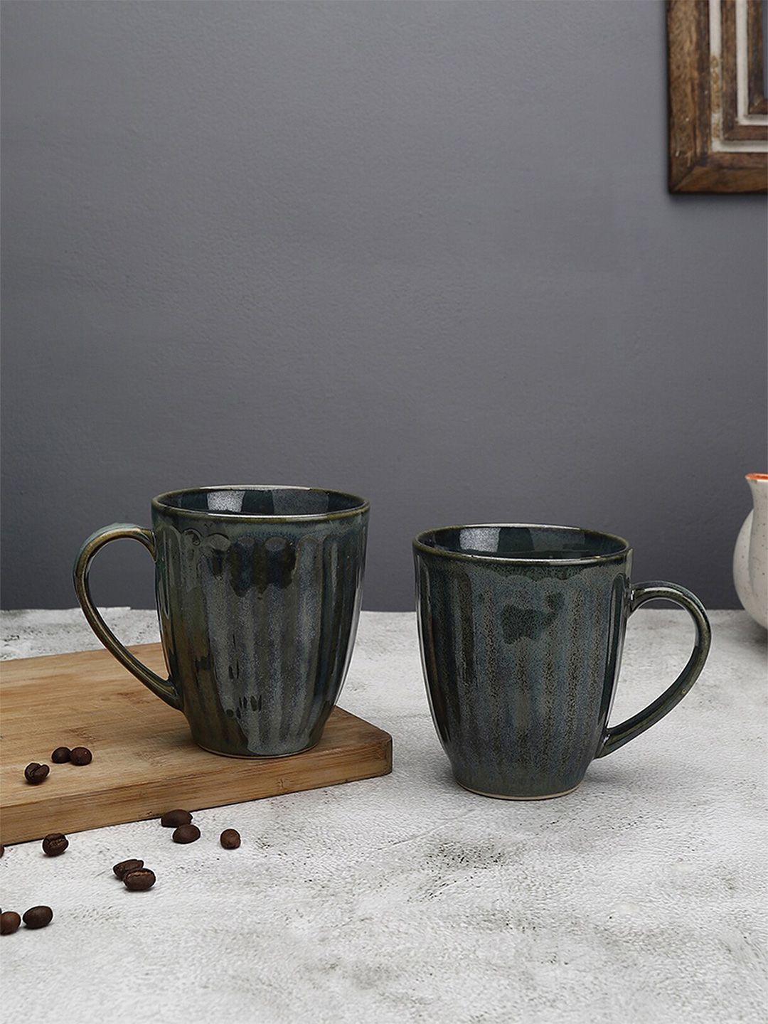 MIAH Decor Set Of 2 Green & Grey Handcrafted Textured Ceramic Glossy Mugs Price in India