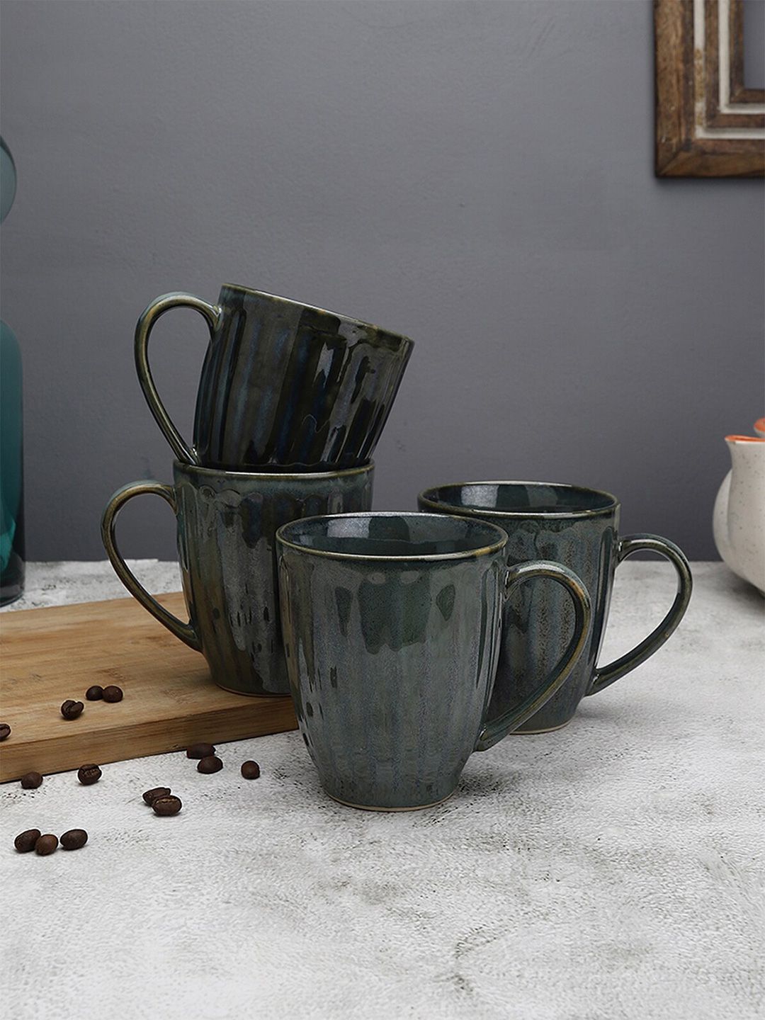 MIAH Decor Set of 4 Green & Grey Handcrafted Textured Ceramic Glossy Mugs Price in India
