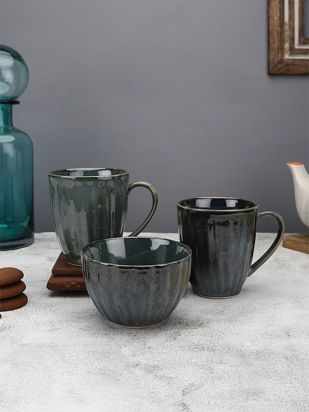 MIAH Decor Set Of 3 Green & Grey Handcrafted Textured Ceramic Glossy Mugs and Bowl Price in India