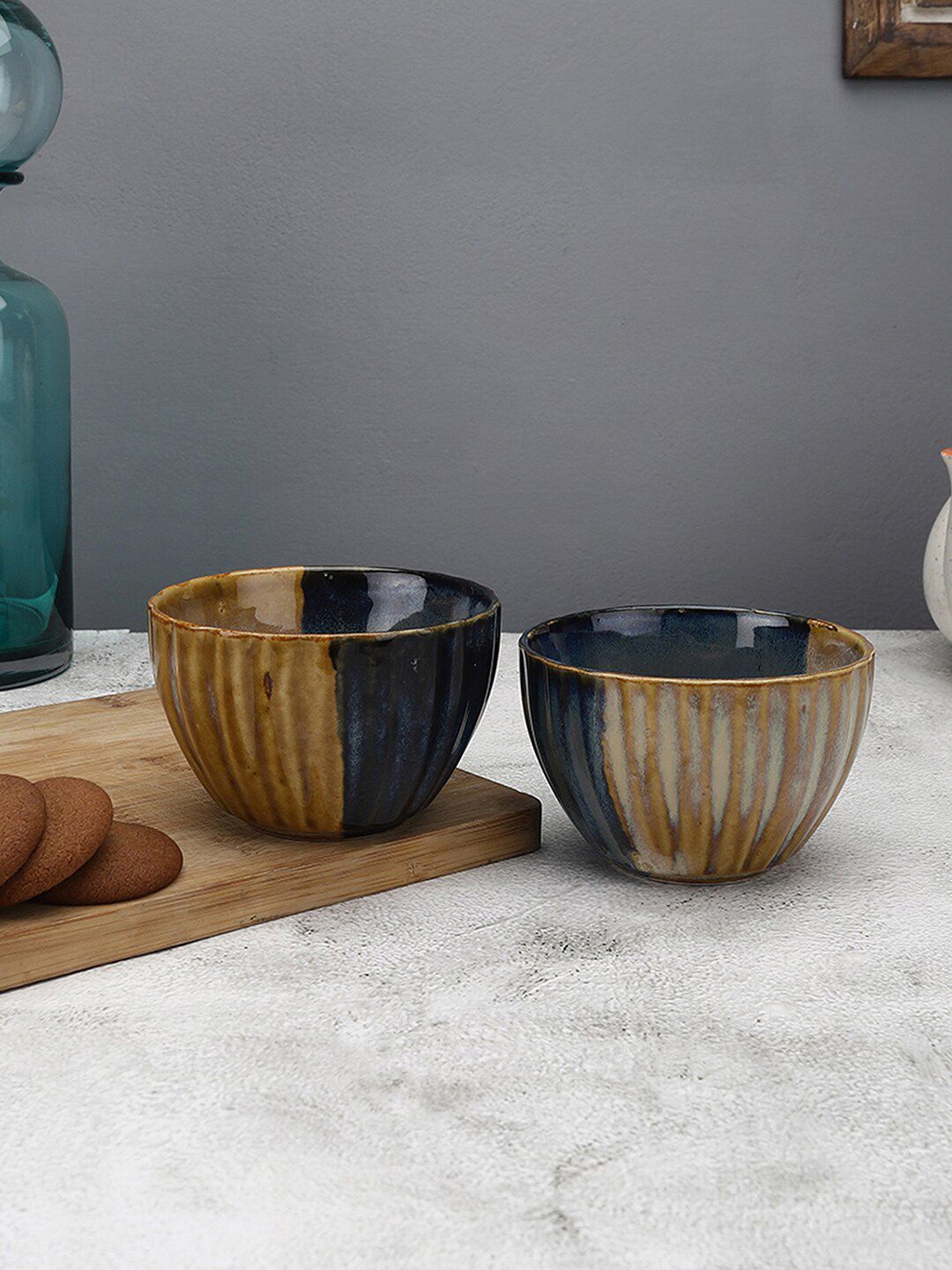 MIAH Decor Set of 2 Brown & Black Handcrafted Textured Ceramic Glossy Snack Bowls Price in India
