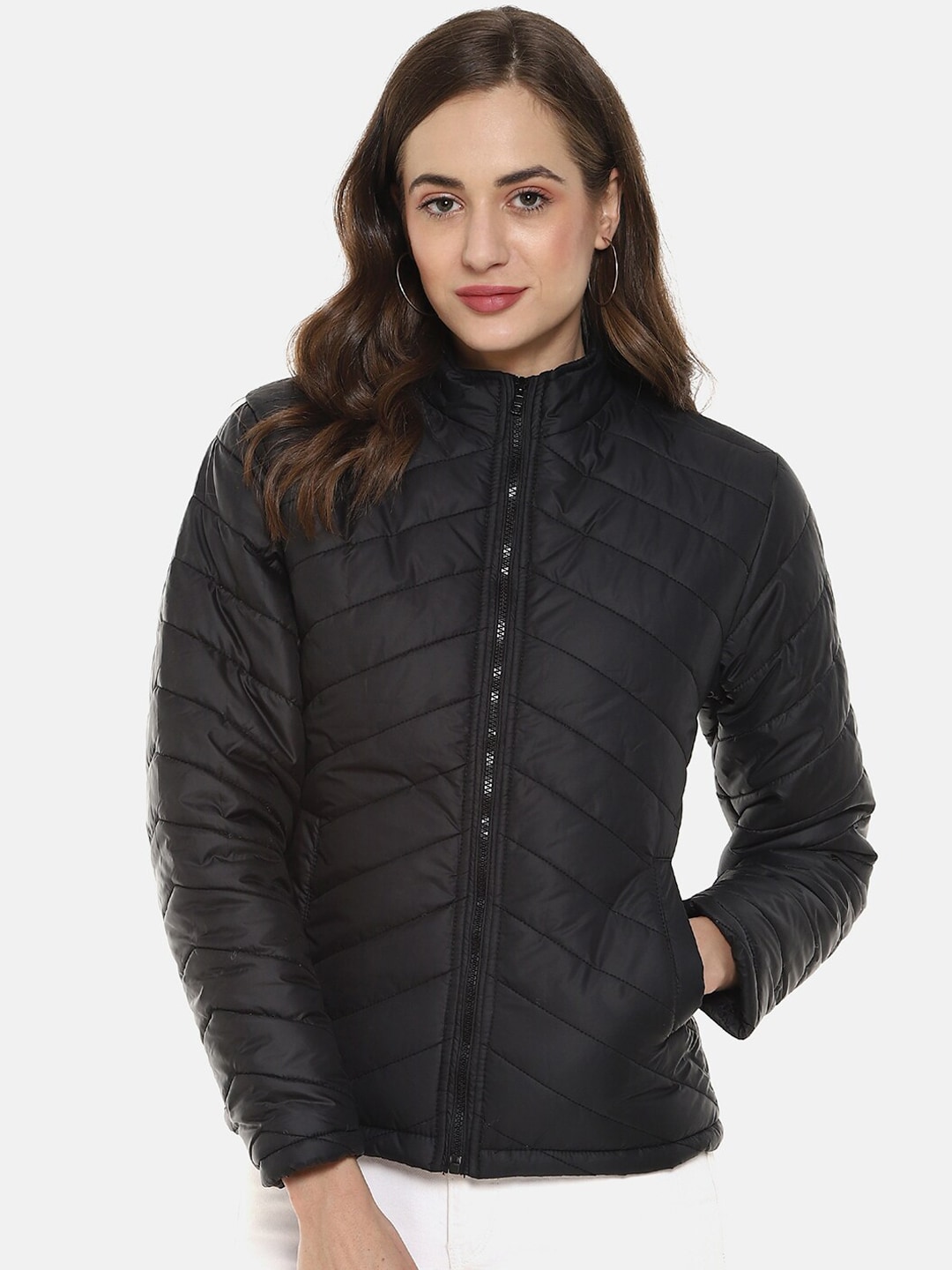 Campus Sutra Women Black Windcheater Quilted Padded Jacket Price in India