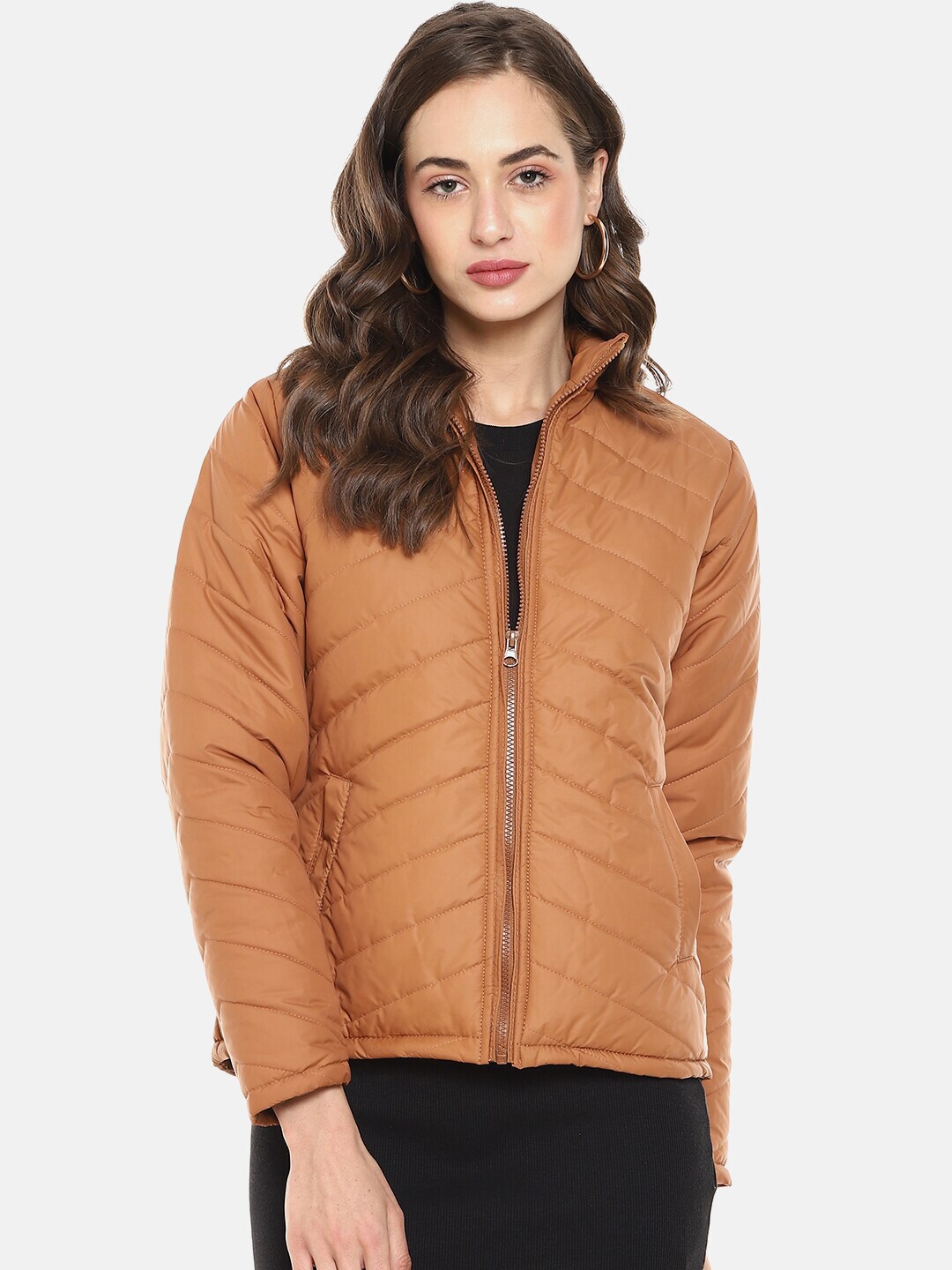 Campus Sutra Women Brown Windcheater Quilted Padded Jacket Price in India