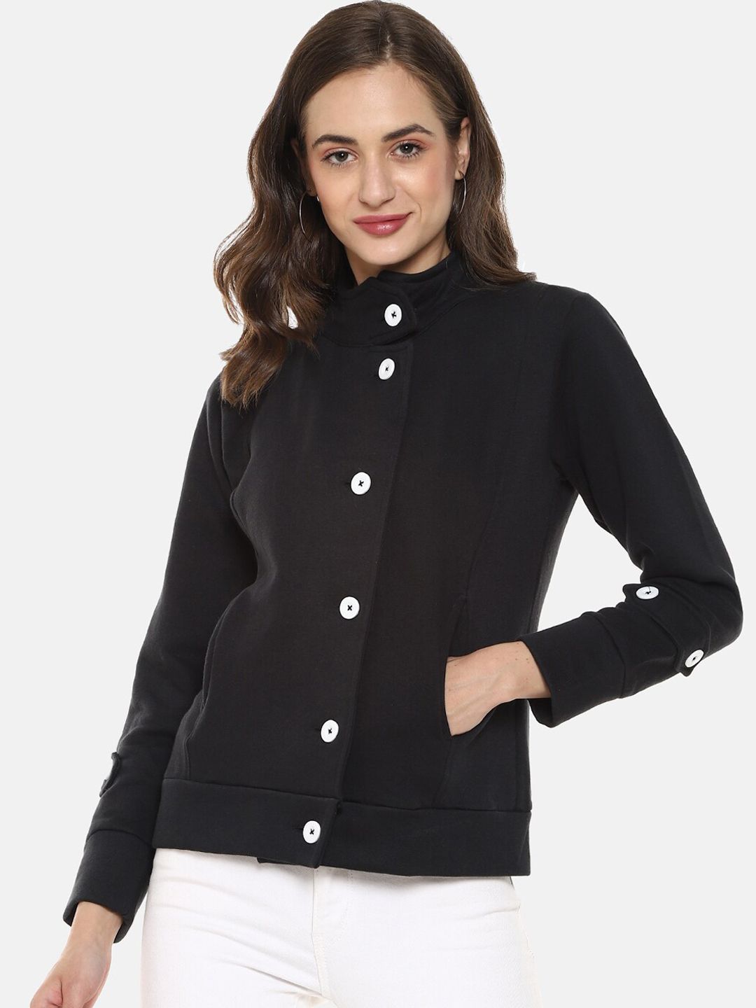 Campus Sutra Women Black Solid Windcheater Tailored Jacket Price in India