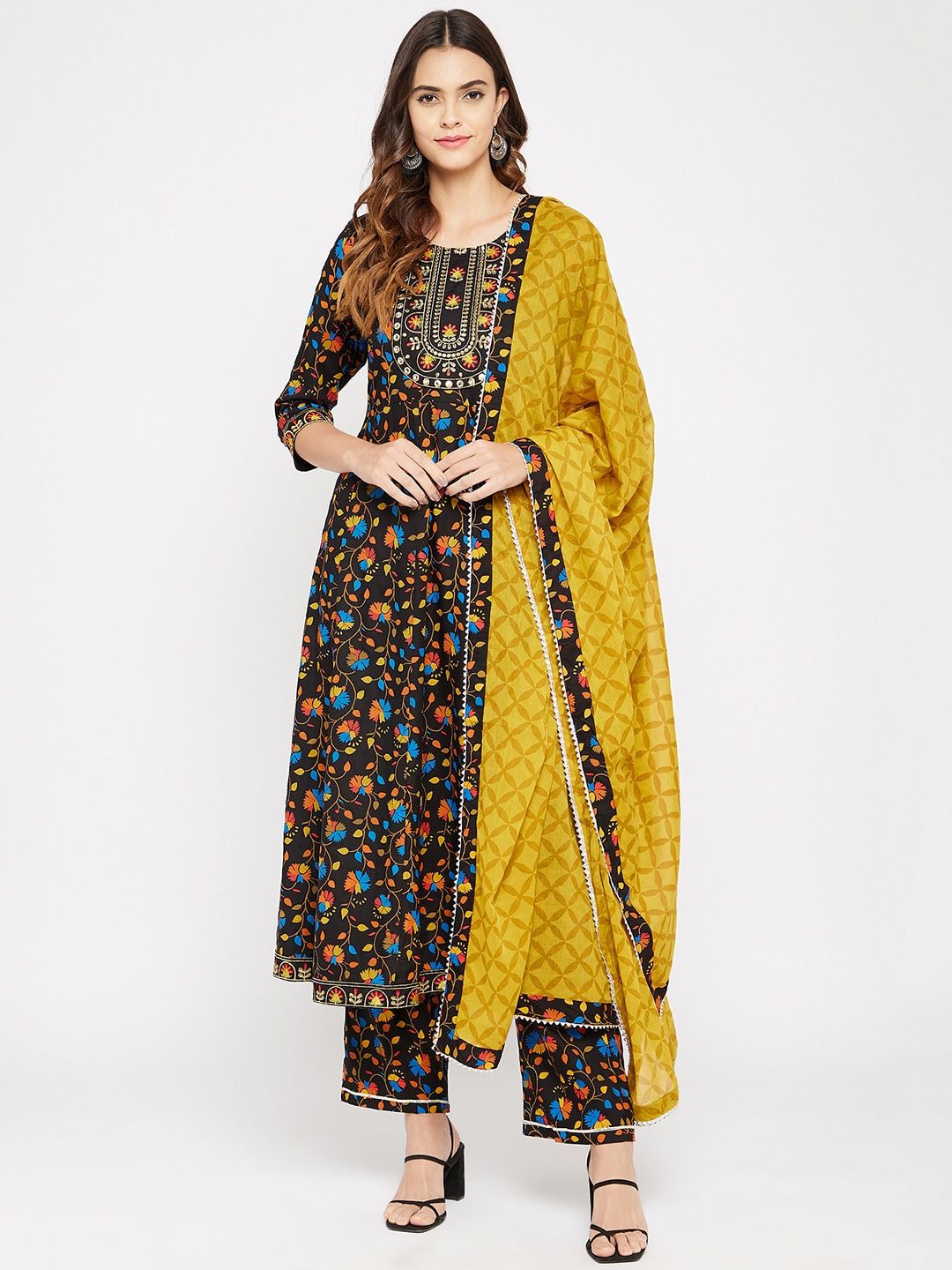 Prakhya Women Black Ethnic Motifs Printed Kurta with Palazzos & Dupatta
