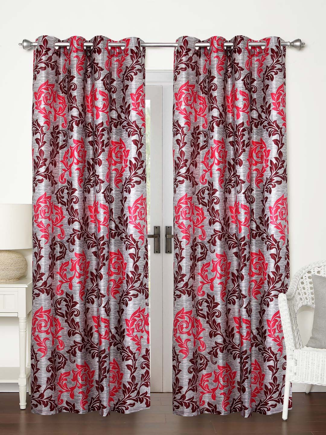 Home Sizzler Set of 2 Grey & Maroon Printed Regular Door Curtains Price in India