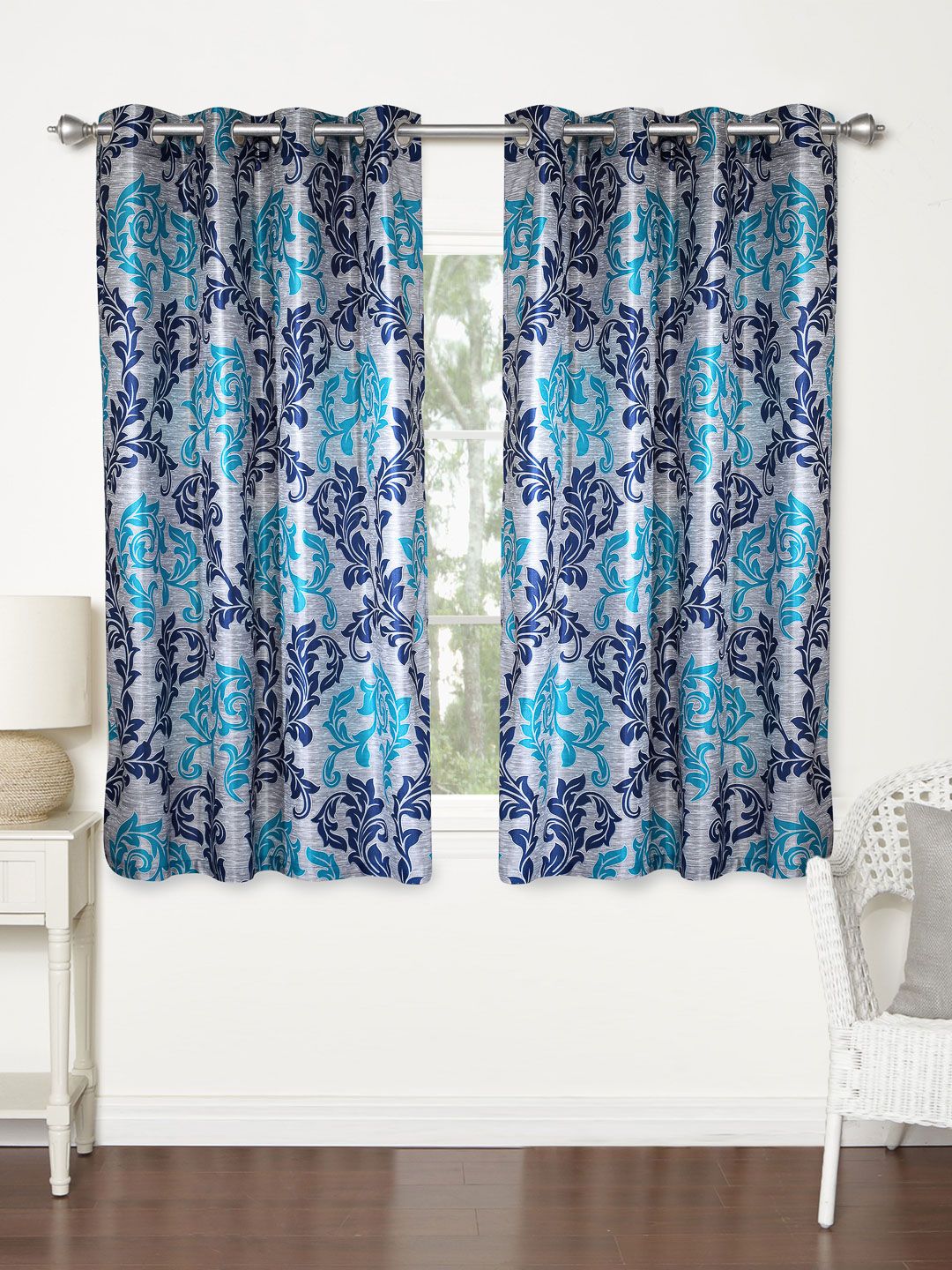 Home Sizzler Blue & Grey Set of 2 Printed Regular Window Curtains Price in India