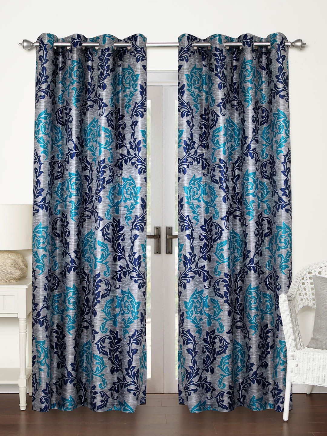 Home Sizzler Set of 2 Blue & Grey Printed Regular Door Curtains Price in India