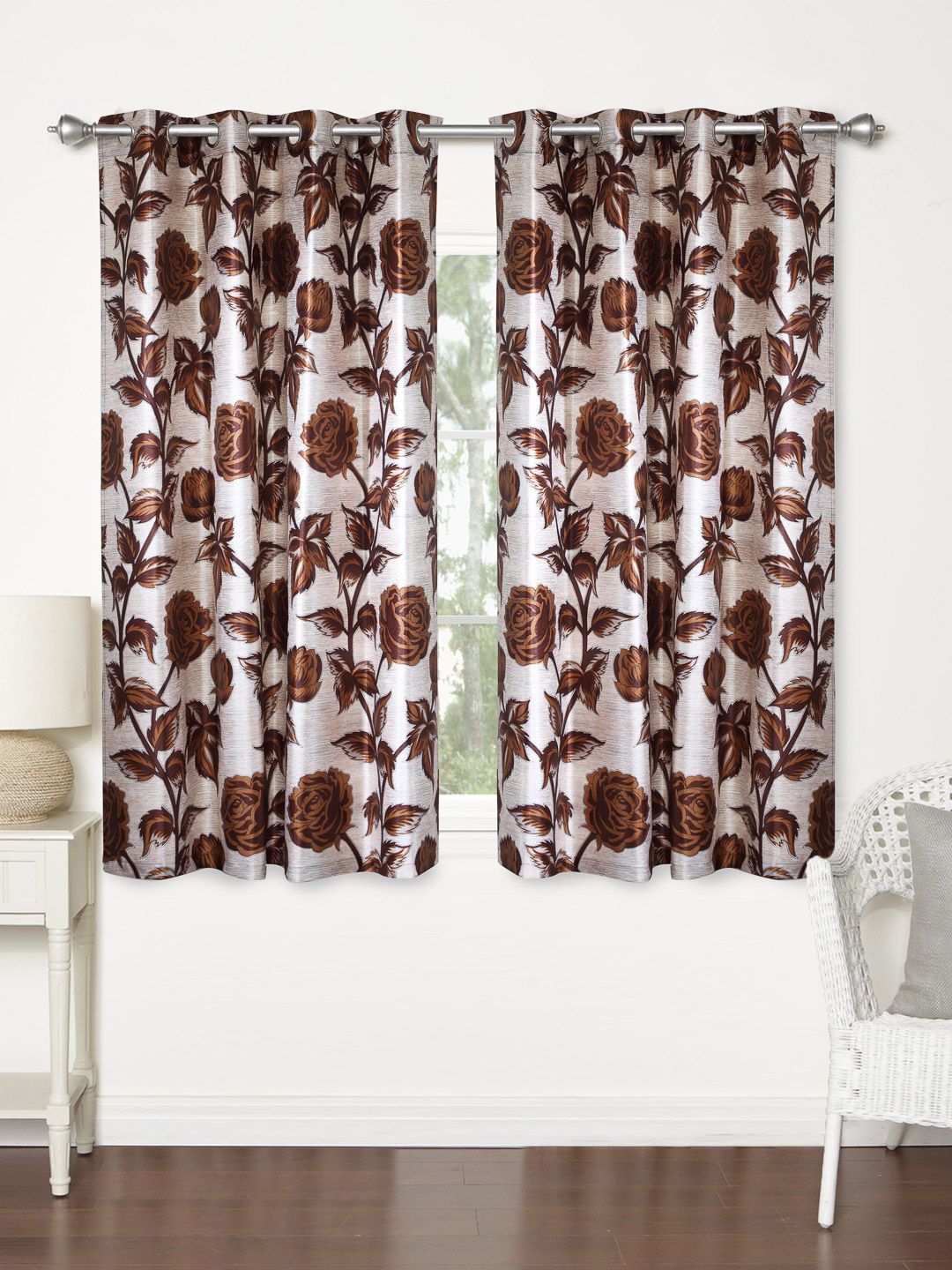Home Sizzler Brown Set of 2 Floral Print Regular Window Curtains Price in India