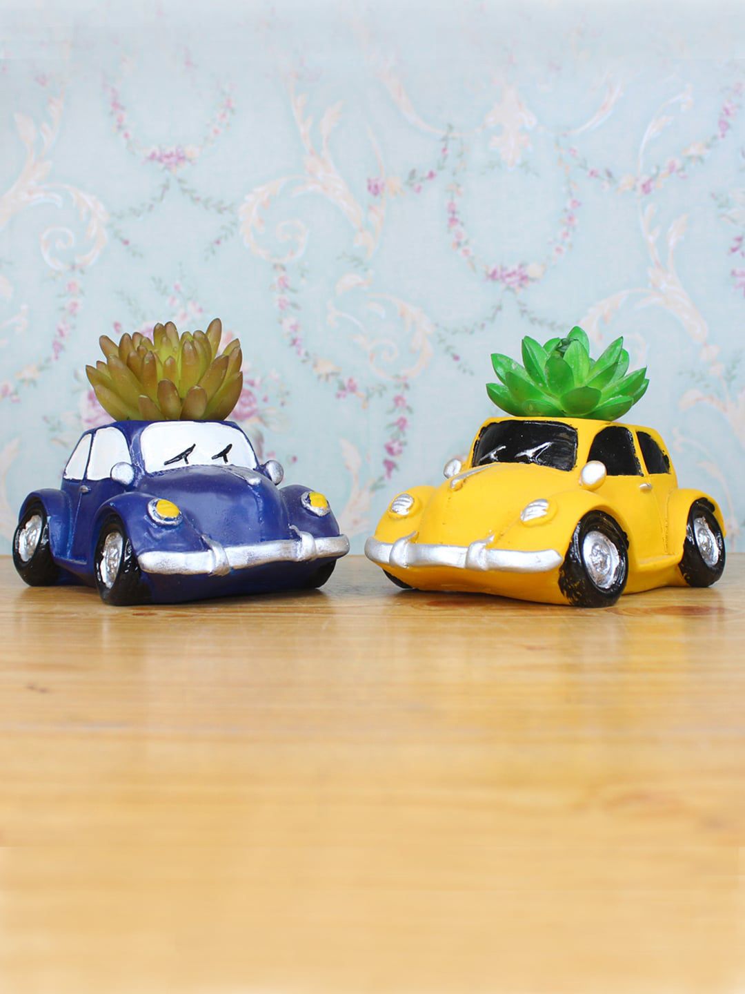 Wonderland Set Of 2 Yellow & Blue Car Shape Resin Succulent Planters Price in India