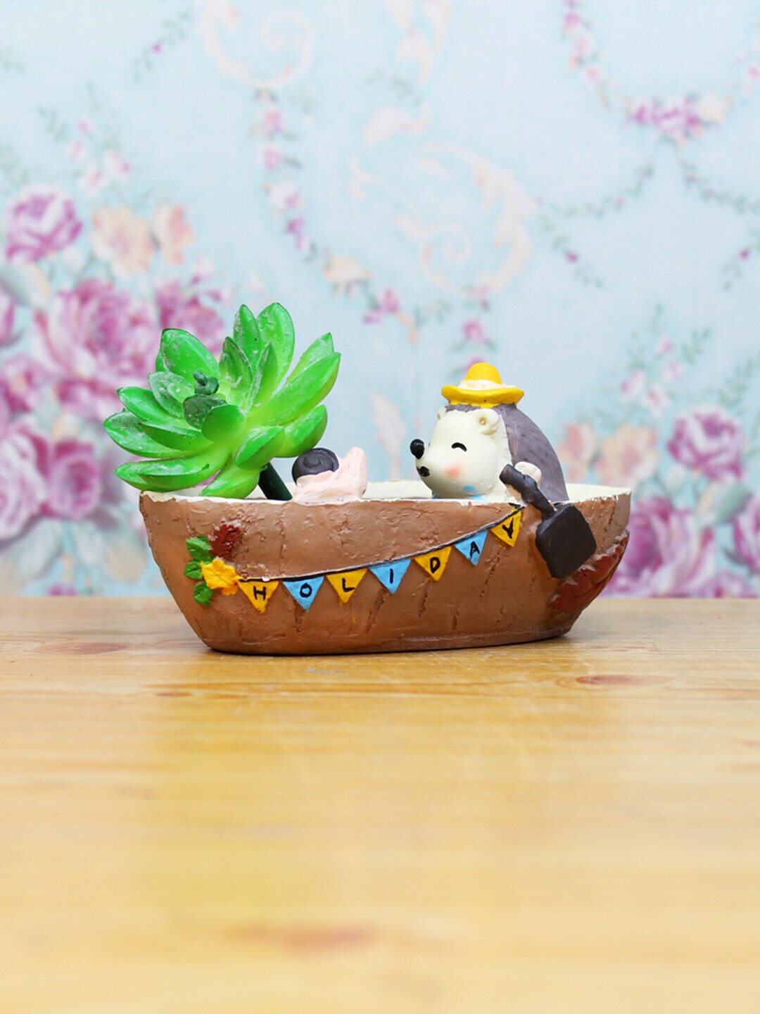 Wonderland Brown & Yellow Hedgehog On Boat Succulent Planter Price in India