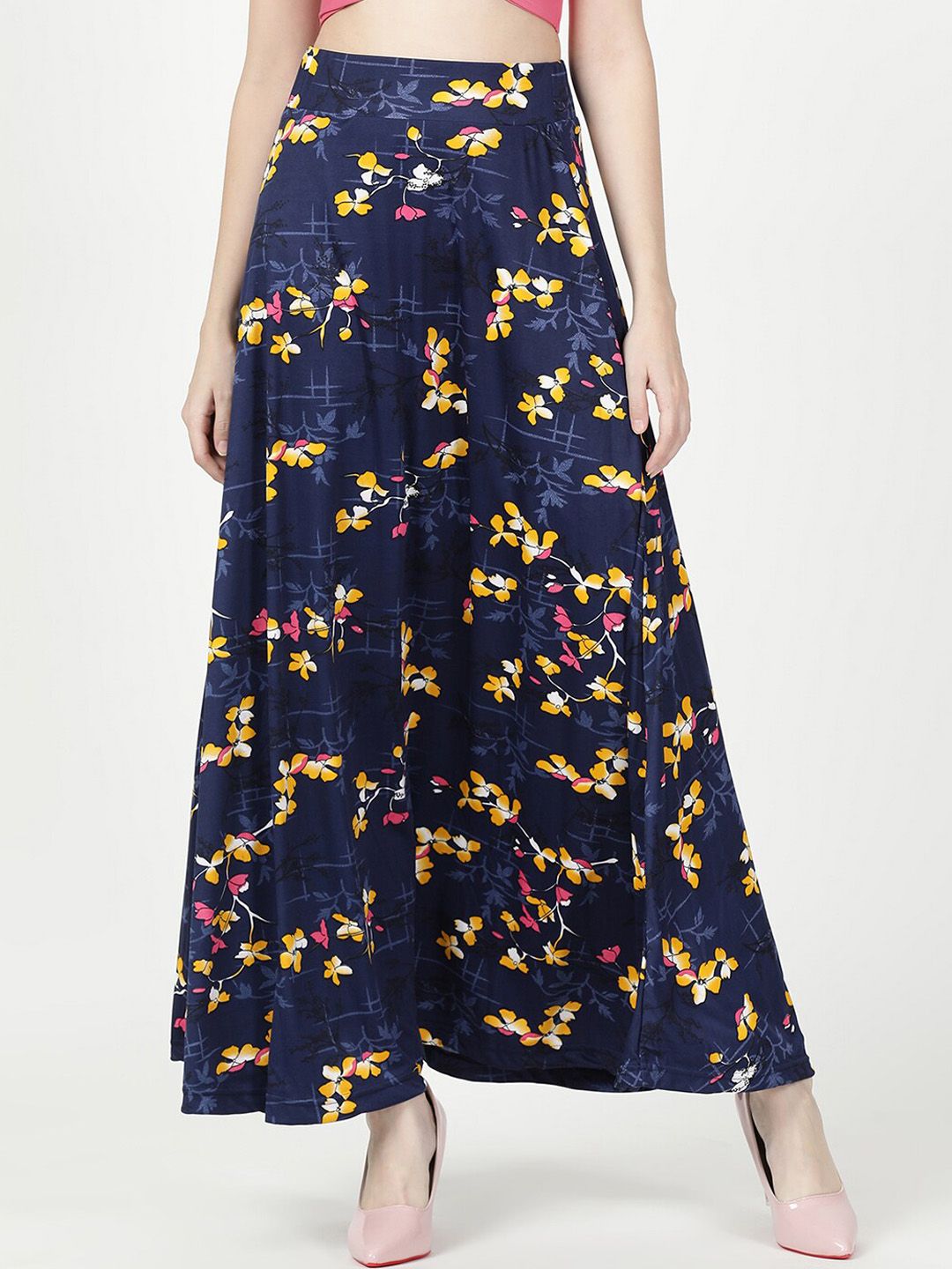 V2 Value & Variety Women Blue & Yellow Printed Straight Maxi Skirt