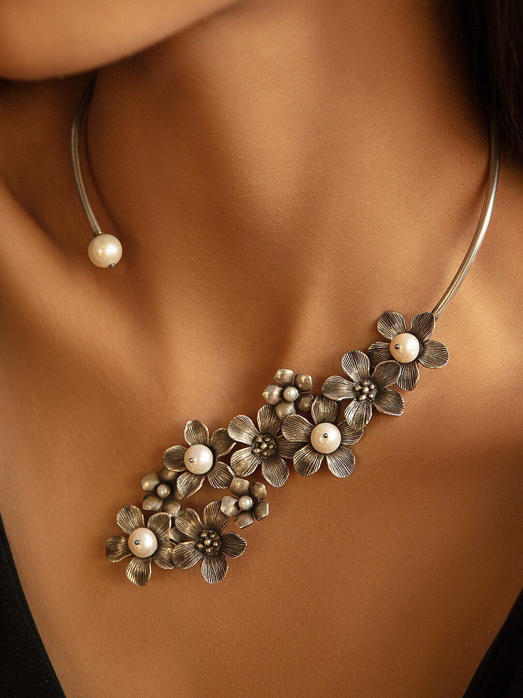 SHAYA Silver-Toned & White Pearl Statement Necklace Price in India