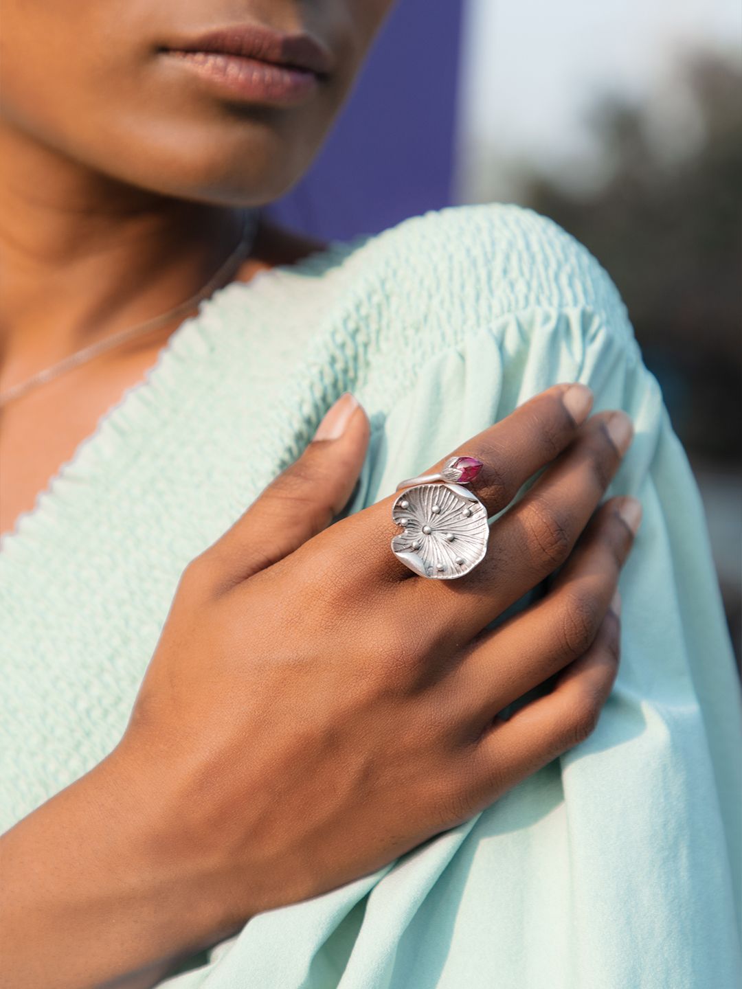 SHAYA Women Silver-Toned & Pink Stone-Studded Rise Above Neglect Finger Ring Price in India