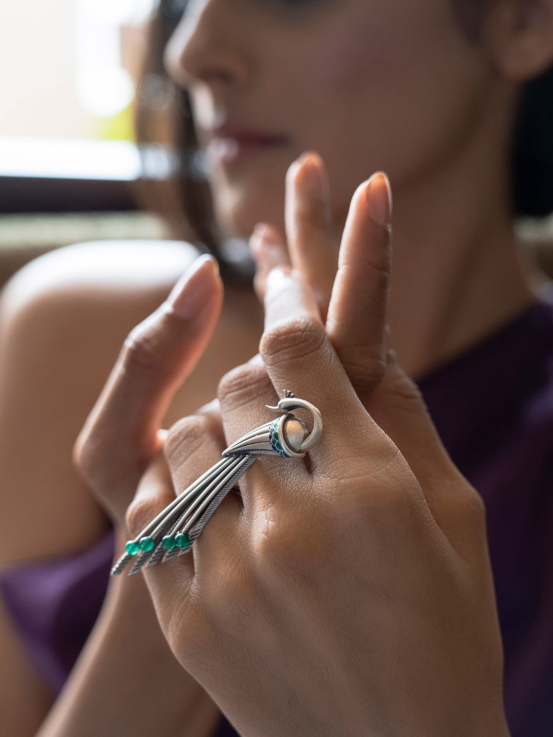 SHAYA Women Silver-Toned & Green Quartz-Studded Owning My Sassy Spirit Finger Ring Price in India