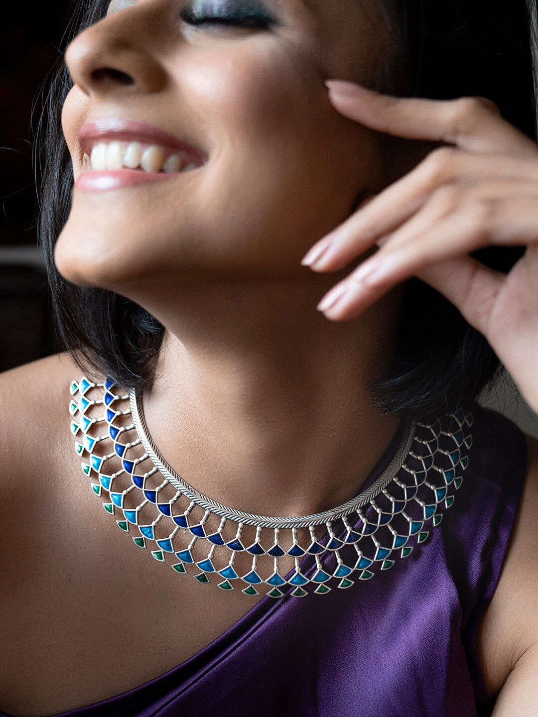 SHAYA Silver-Toned & Blue Enamelled Silver Necklace Price in India