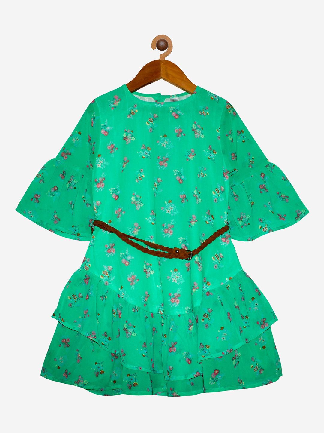 KiddoPanti Girls Green & Pink Floral Printed Layered Belted Georgette Dress