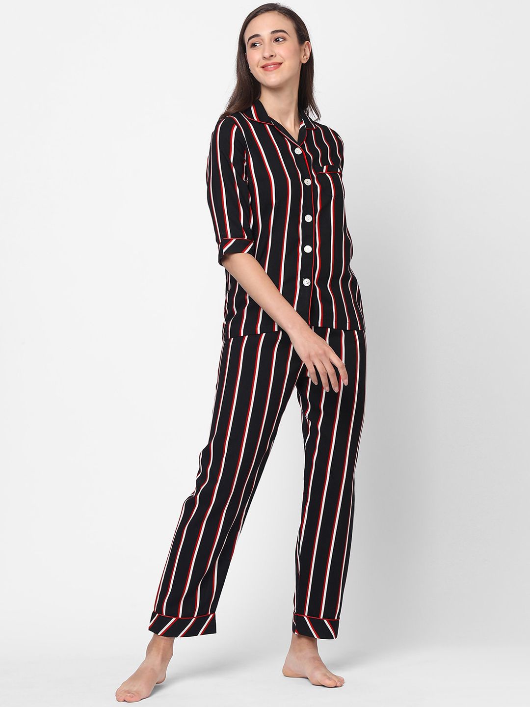 Sweet Dreams Women Black Striped Night Suit Price in India