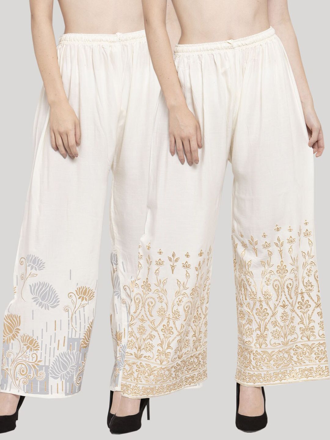 Clora Creation Women Pack Of 2 White & Gold-Toned Floral Printed Knitted Ethnic Palazzos Price in India