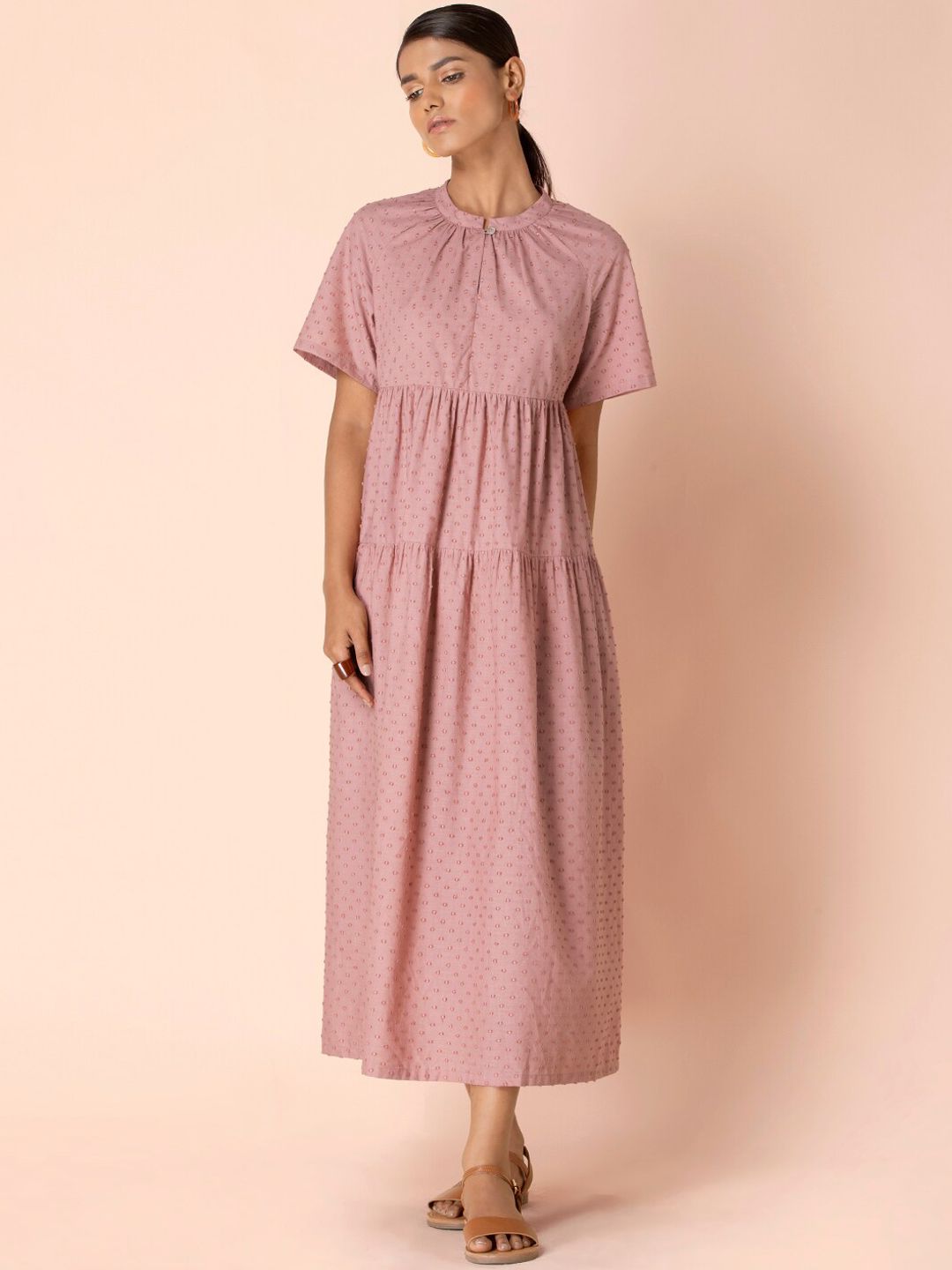 INDYA Pink Dobby Tiered Mandarin Collar Cotton Maxi Dress