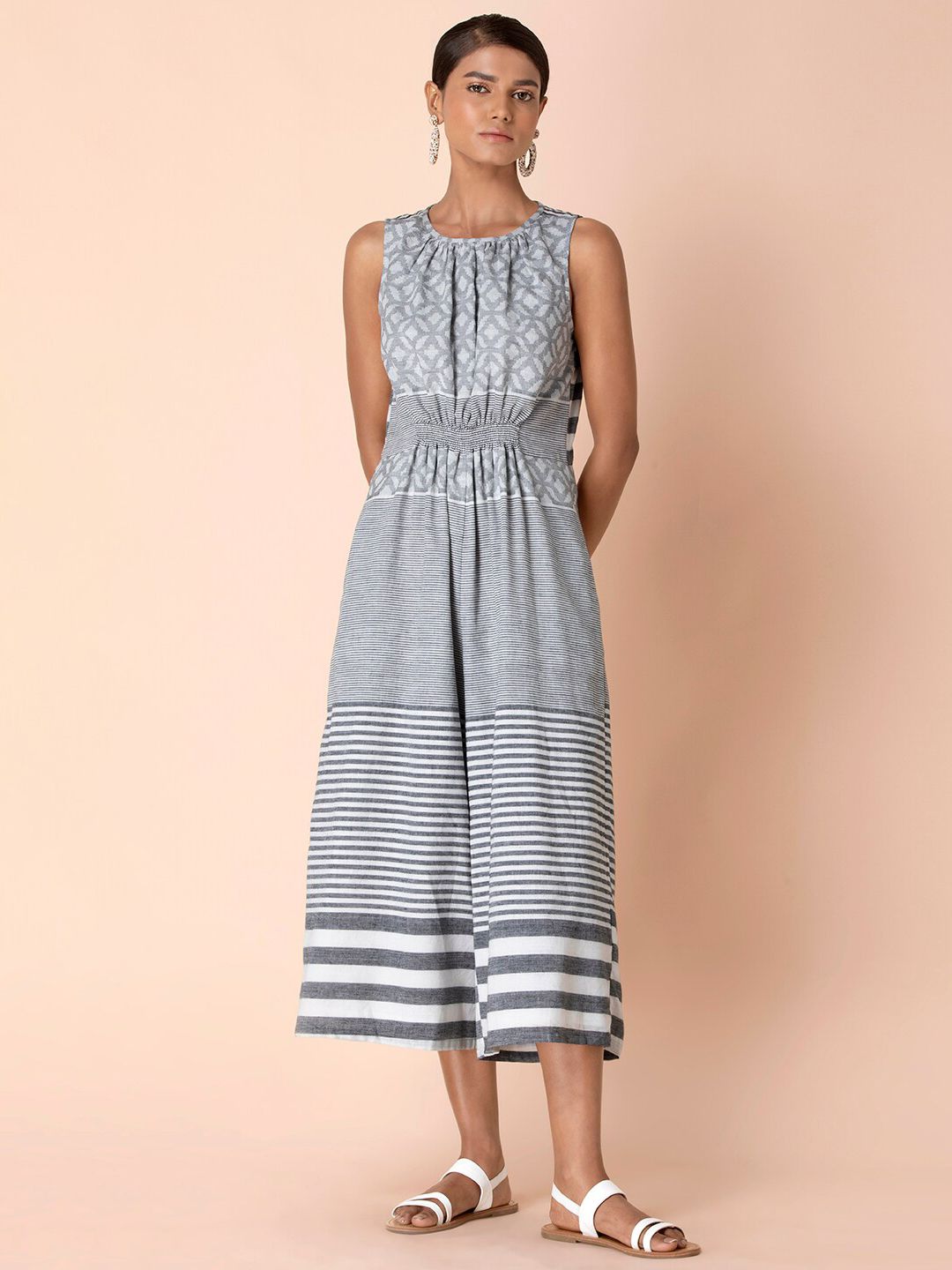 Earthen BY INDYA Grey White Striped Culotte Jumpsuit Price in India