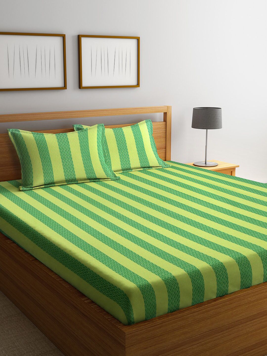 Arrabi Green & Yellow Striped 300 TC King Cotton Bedsheet with 2 Pillow Covers Price in India