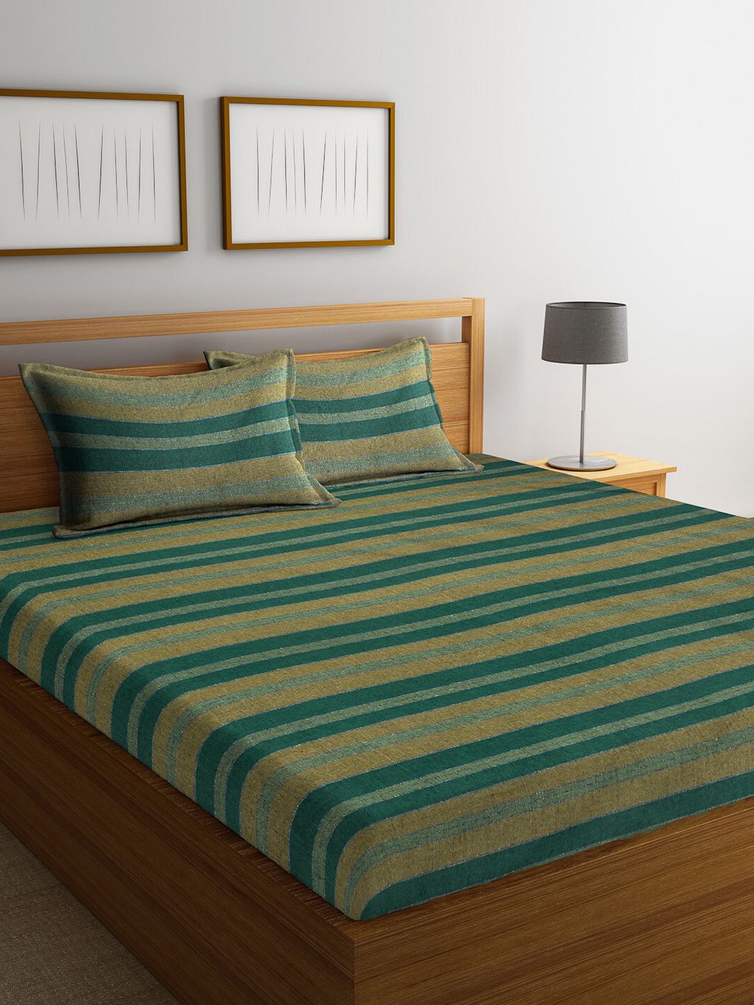 Arrabi Green & Brown Striped 300 TC Super King Bedsheet with 2 Pillow Covers Price in India