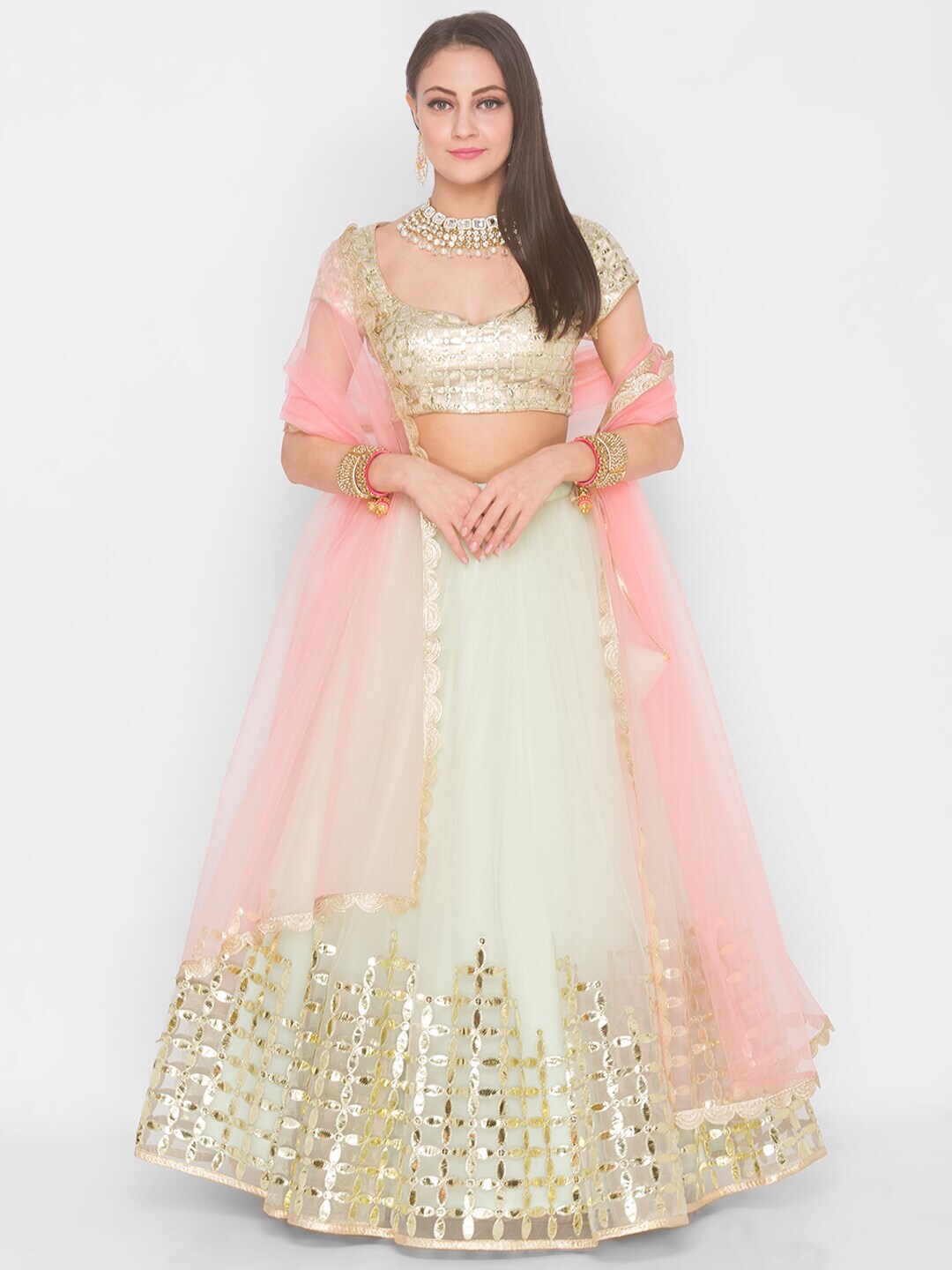 6Y COLLECTIVE Cream-Coloured & Pink Semi-stitched Lehenga-unstitched blouse & dupatta Price in India